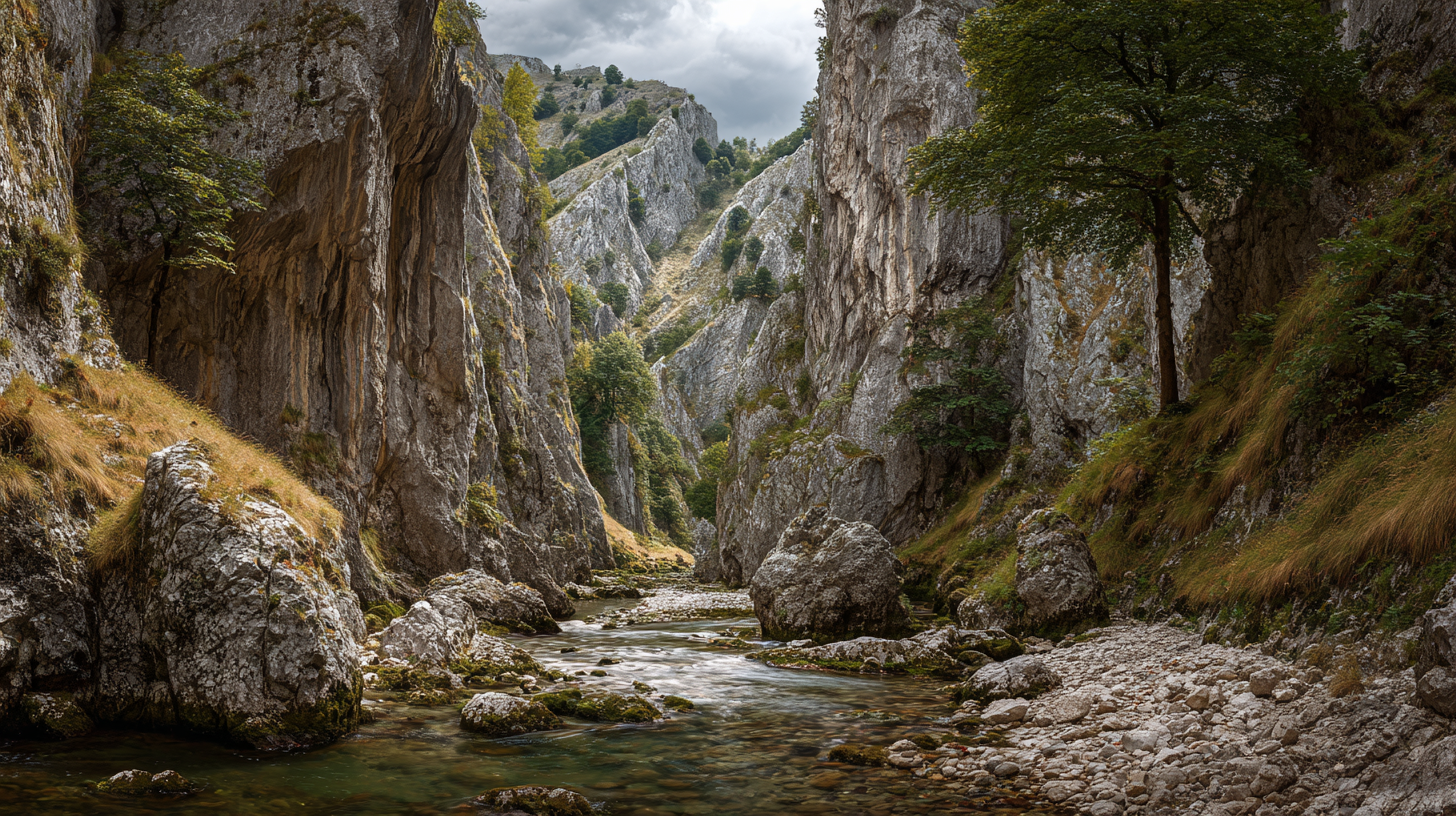 Narrow limestone gorge in the Romanian mountains with steep rock walls.