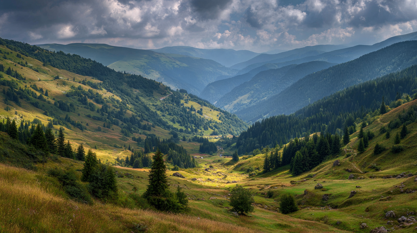 Restorative Carpathian mountain landscape with ridge and quiet meadow.