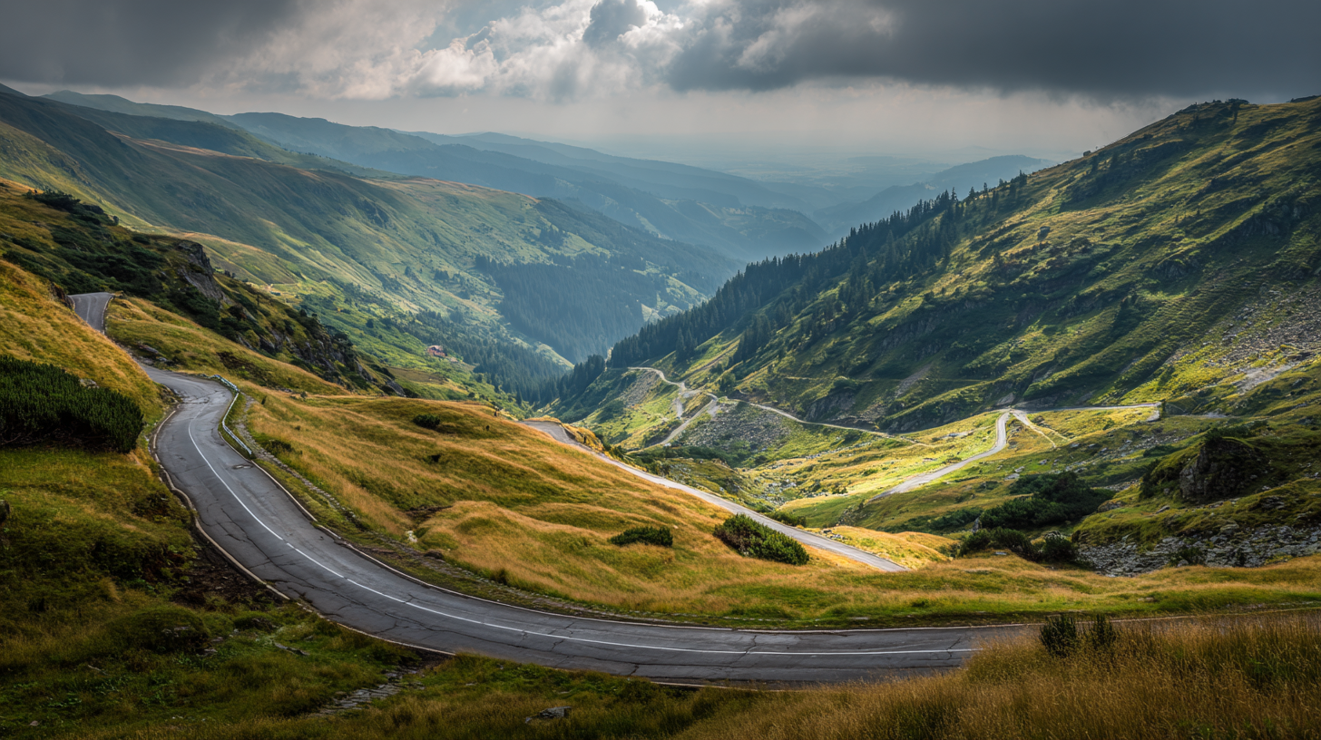 Scenic mountain road in the Romanian Carpathians with curves and deep valley views.