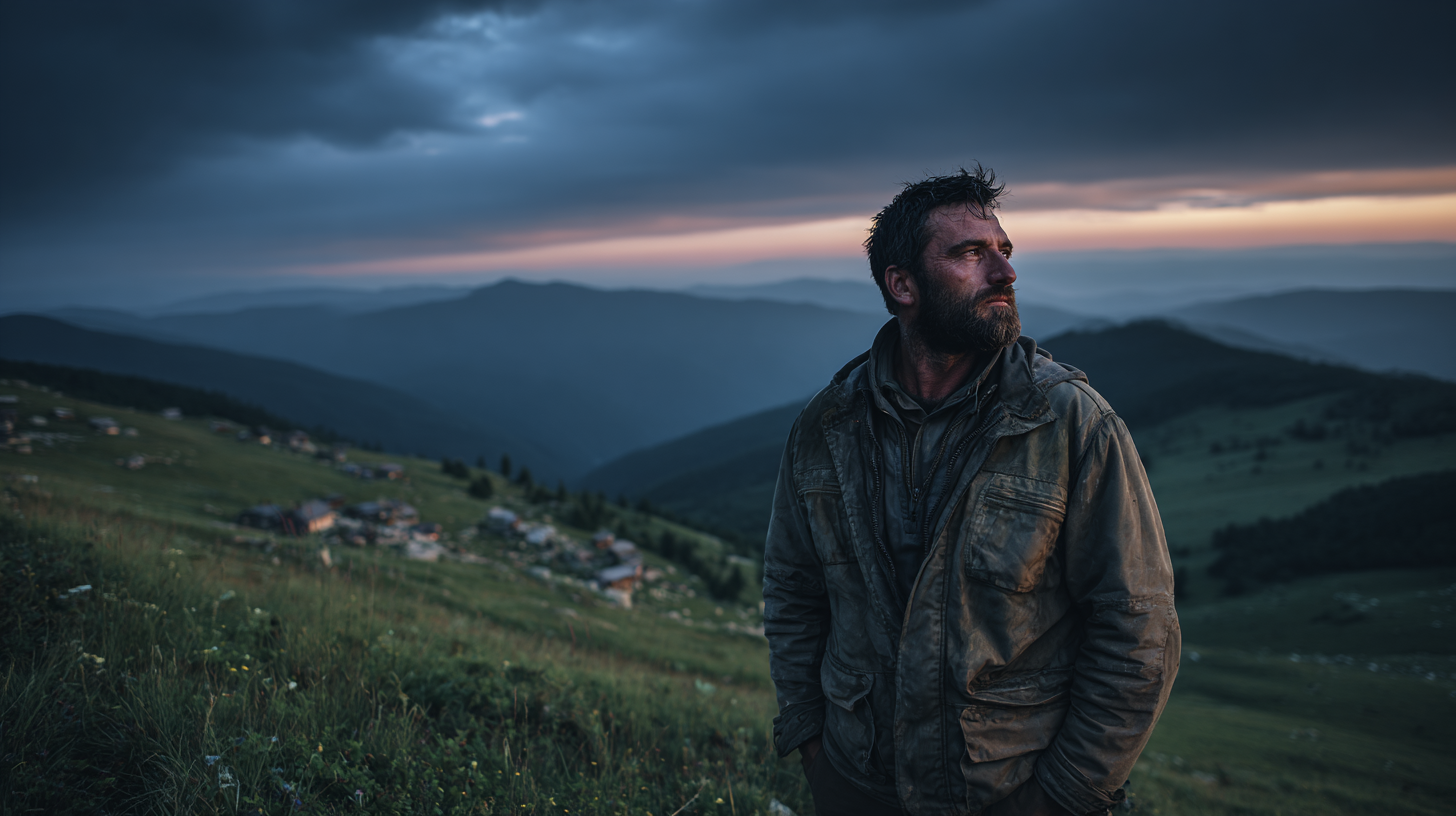 raveler at dusk in the Romanian Carpathians with thoughtful expression.