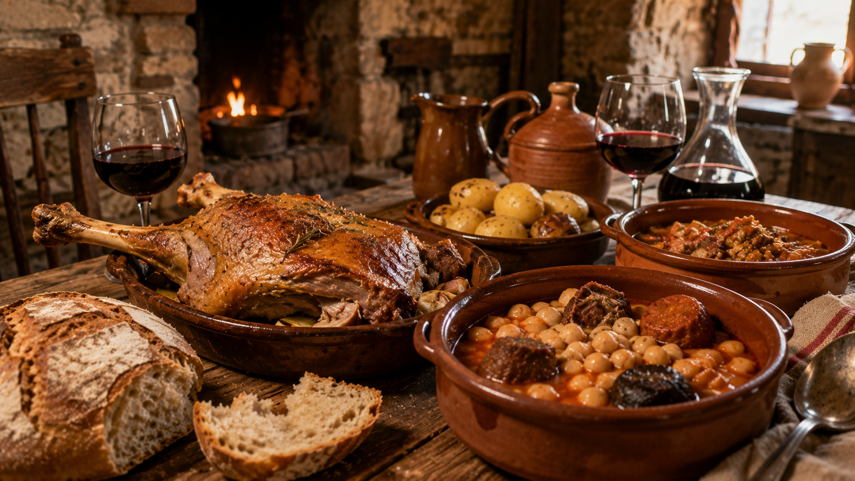 Castilian table with roast lamb, stew, bread, beans, potatoes, and red wine.