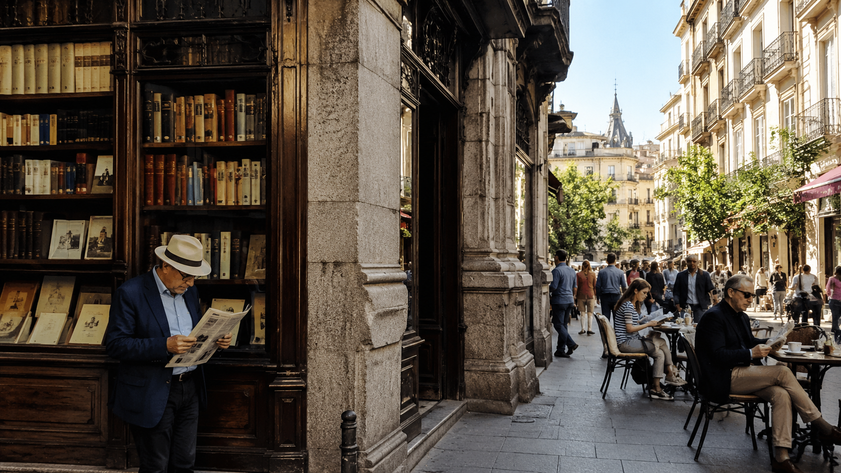 Spanish language and literature: Madrid street with bookshop windows and cafe tables representing Castilian Spanish culture
