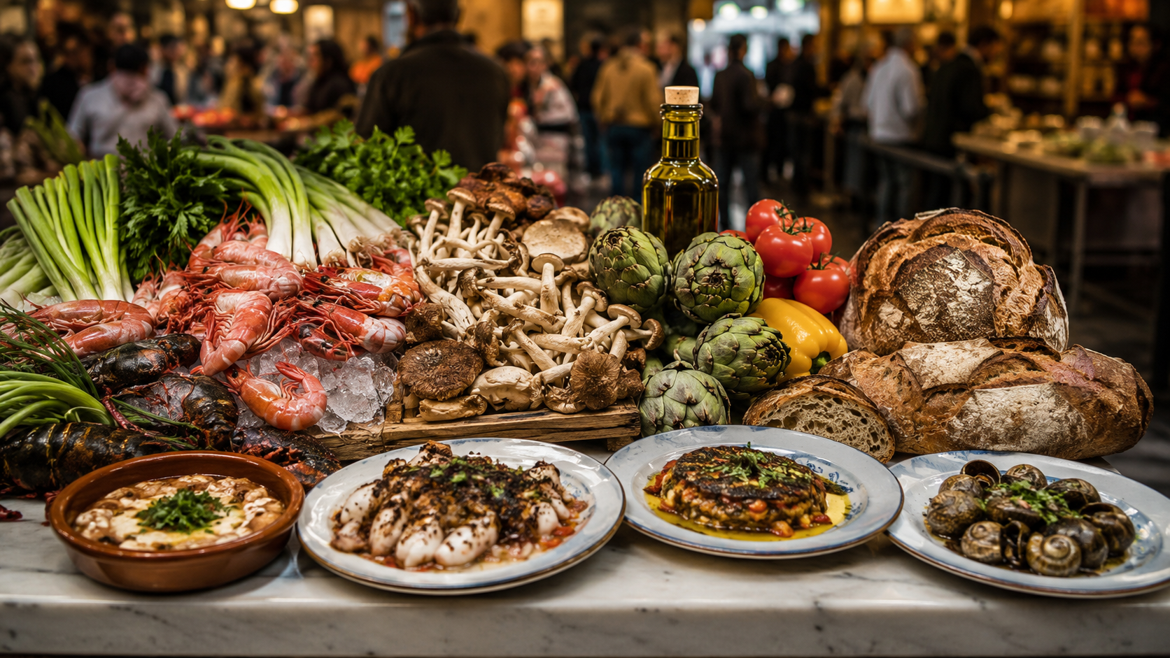 Catalan market counter with seafood, mushrooms, vegetables, and creative small plates.