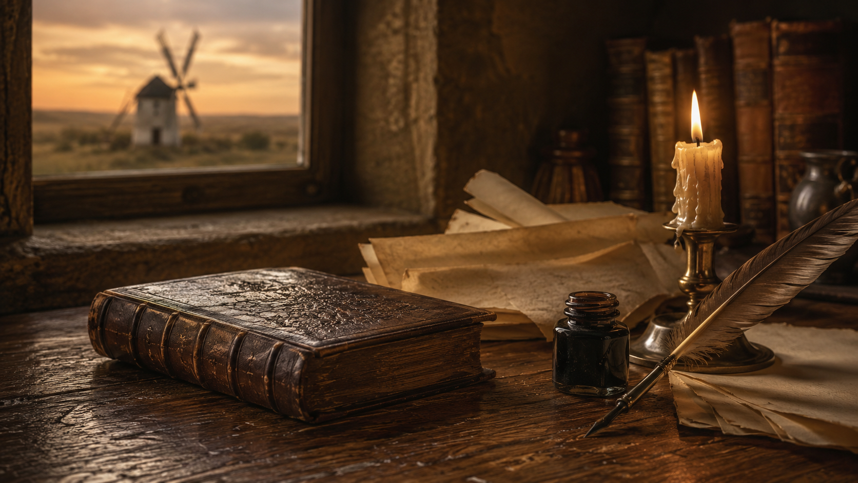 Old book, quill, candle, manuscript pages, and windmill silhouette inspired by Cervantes