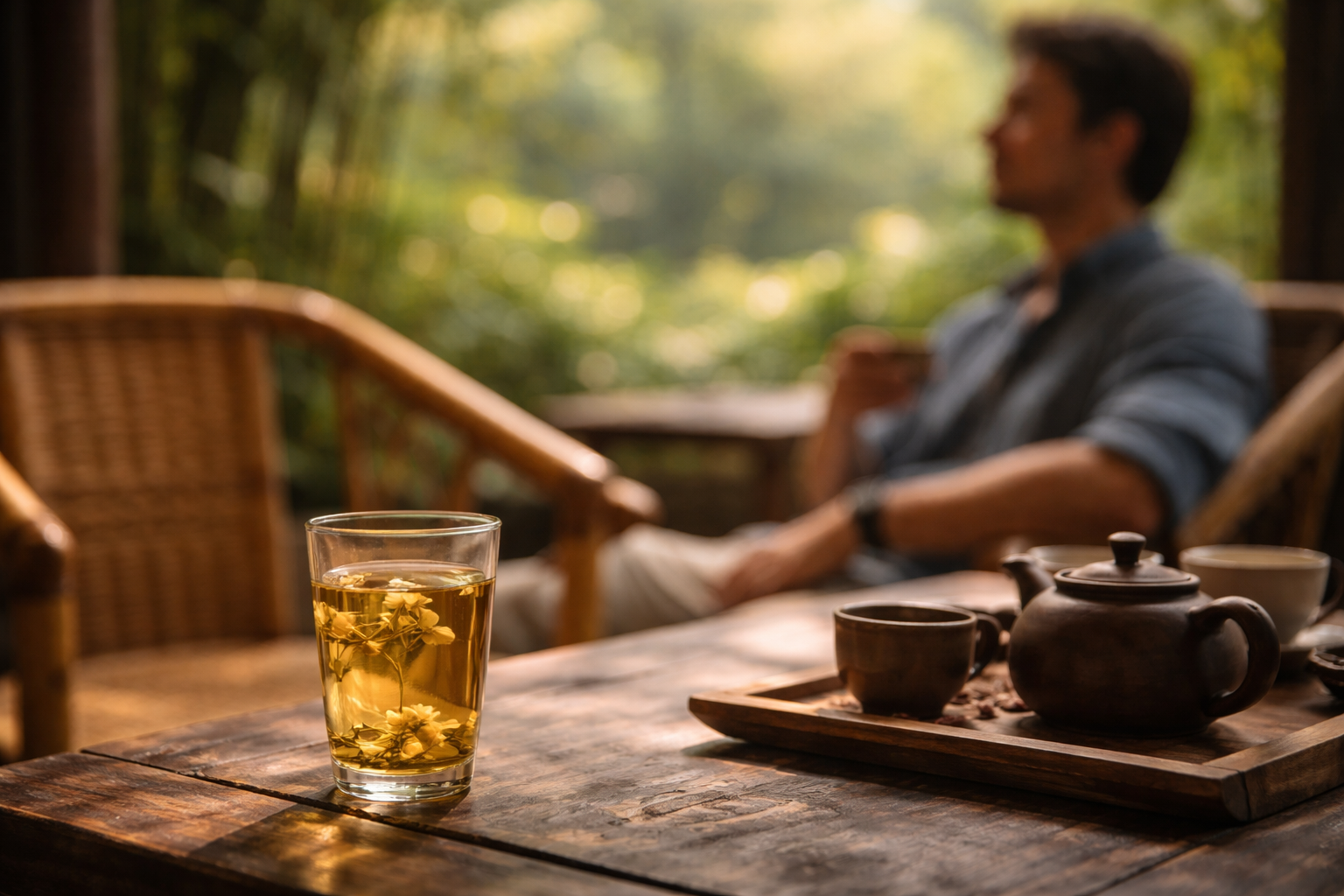 Chengdu tea house detail with soft greenery and relaxed city mood.
