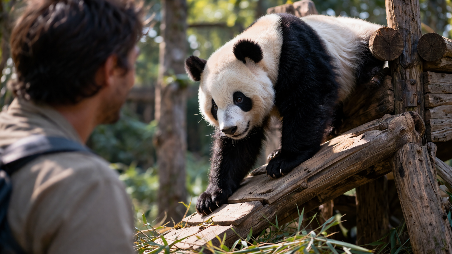 Giant panda climbing in cool morning light at a Chengdu panda base.