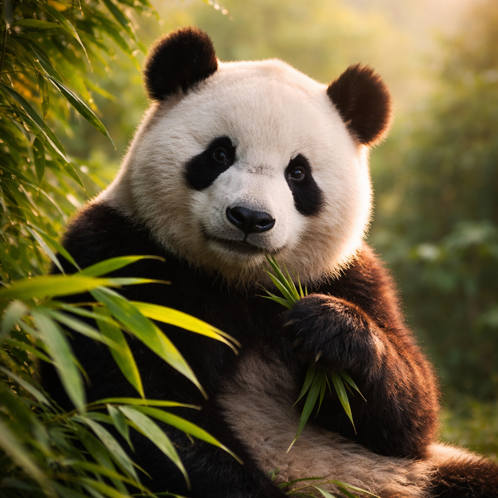 Giant panda in soft morning light surrounded by bamboo.