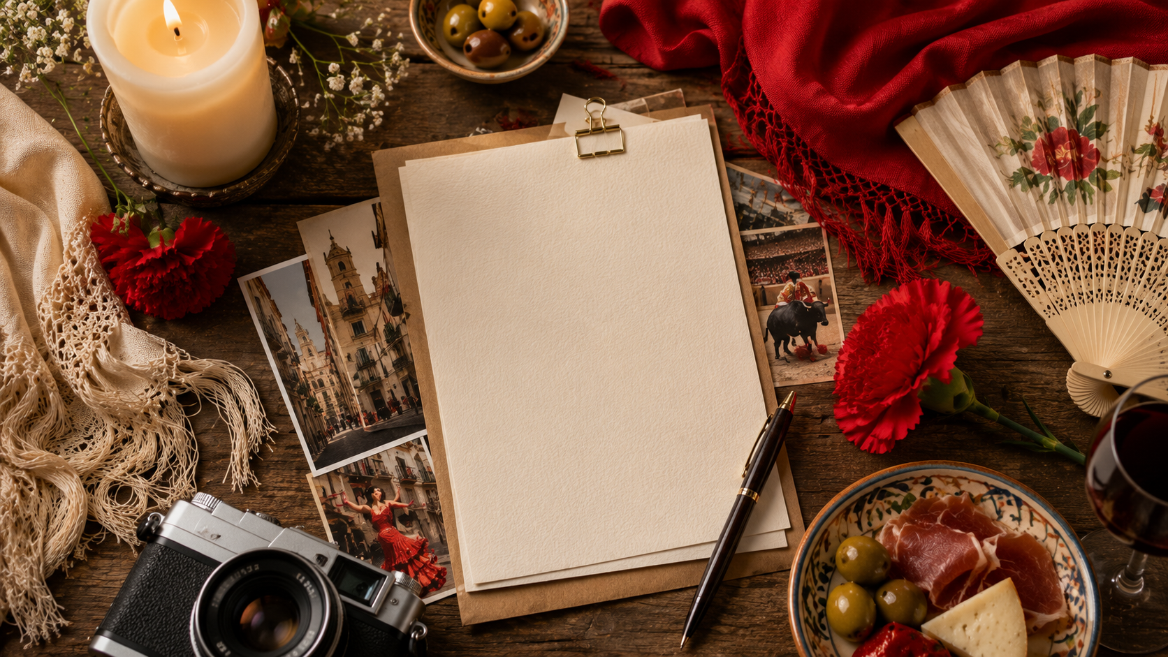 Travel planning table for choosing Spanish festivals with camera and map.