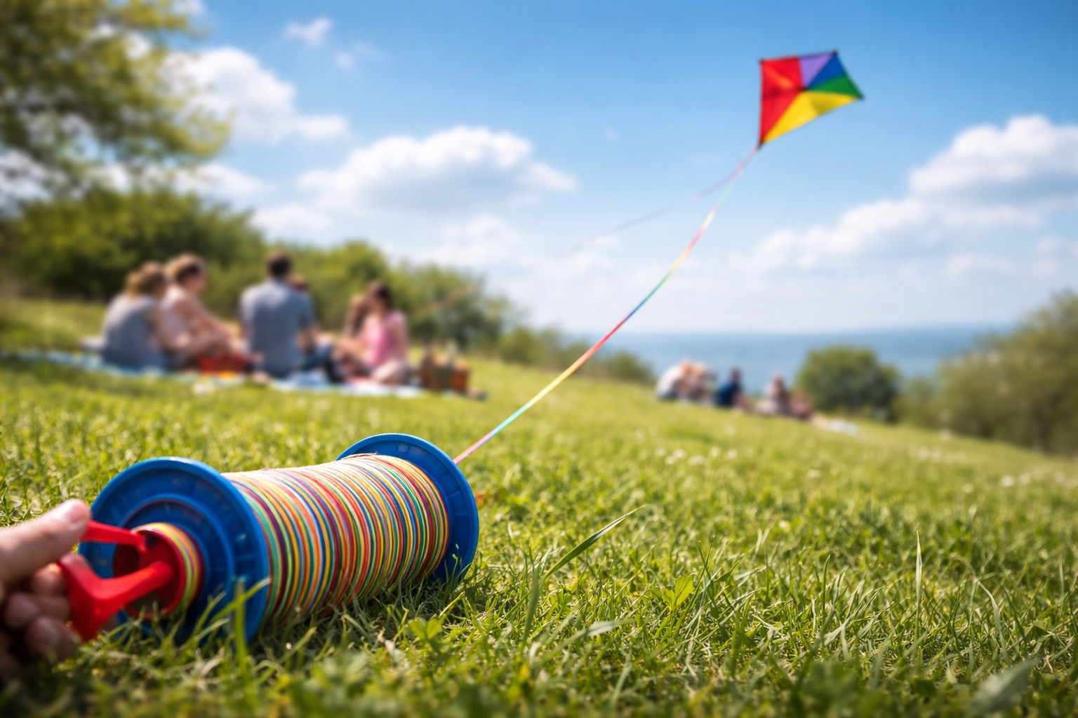 Kite line and spring sky above a blurred Clean Monday picnic scene.