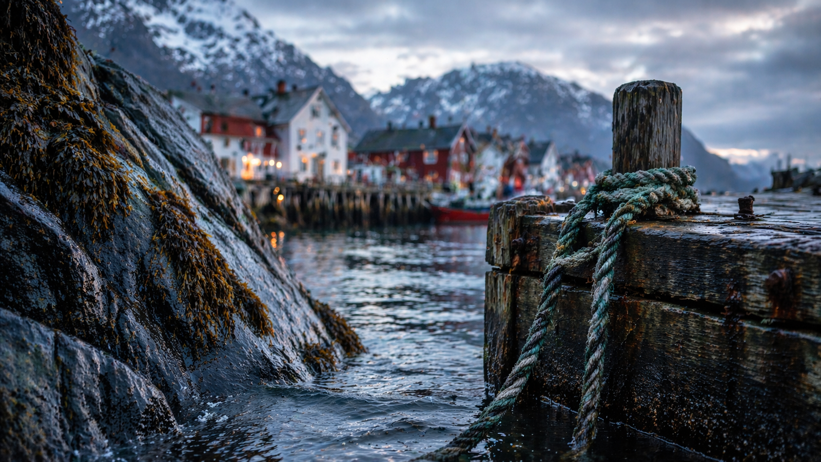 Norwegian coastal towns: Wet rock, rope, and harbor textures showing the honest character of coastal Norway.