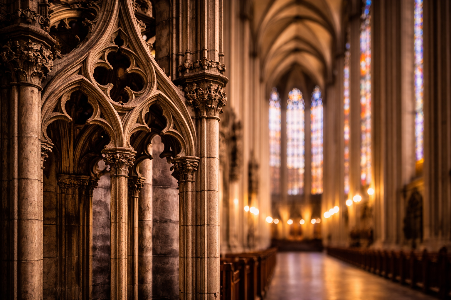 Gothic stone tracery and towering vertical lines inside Cologne Cathedral.