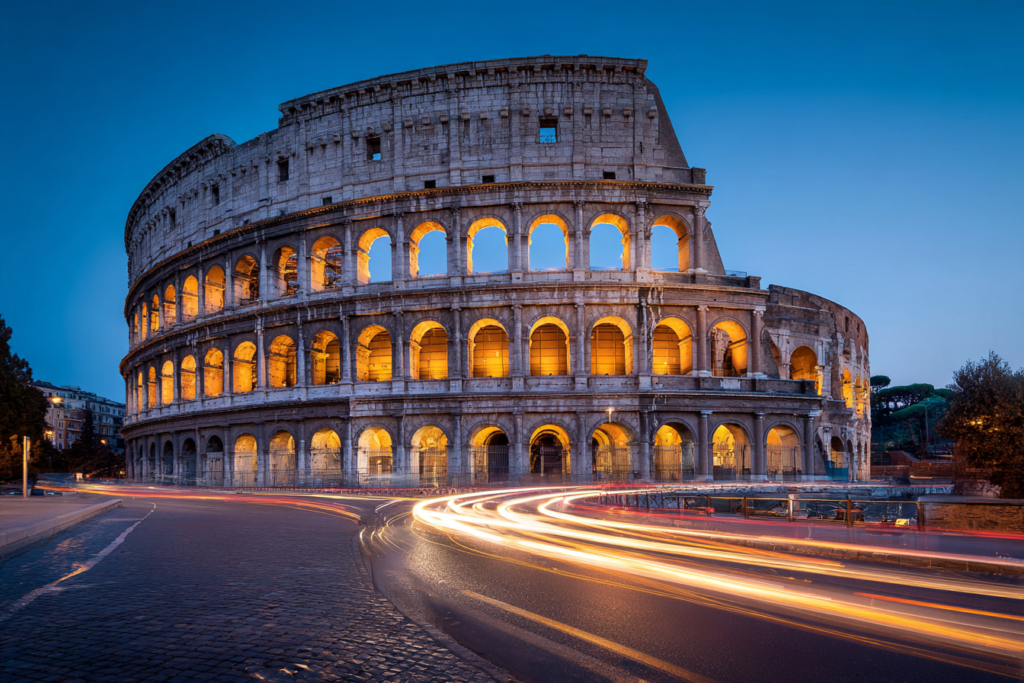 The illuminated Colosseum in Rome at night, a masterpiece of ancient Italian engineering.
