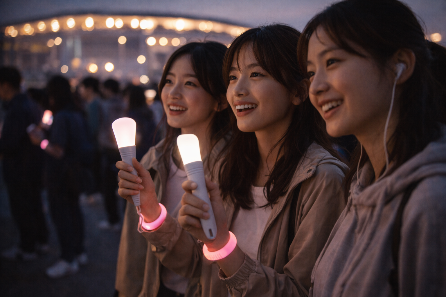 Close-up of friends in a concert queue with soft stadium bokeh.