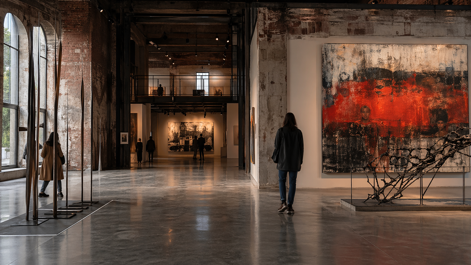 Contemporary Romanian gallery space with large-scale works and quiet visitors.