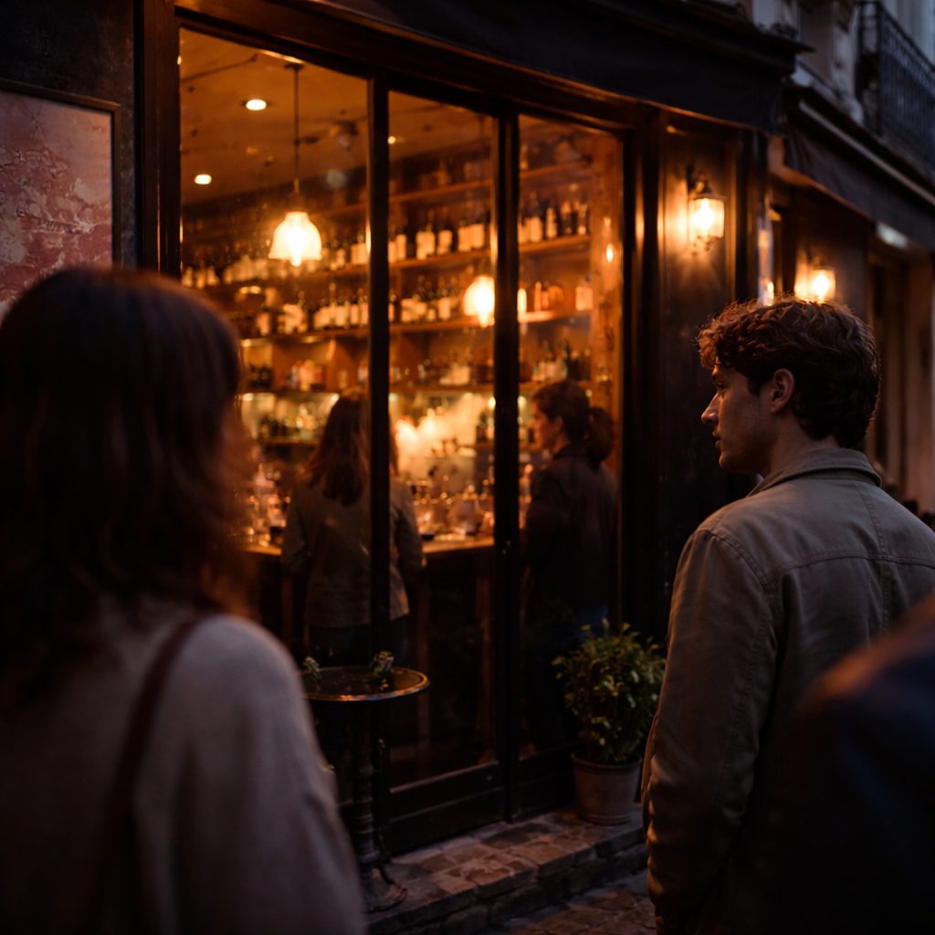Paris neighborhood at dusk with modern bar glow and softly visible faces.