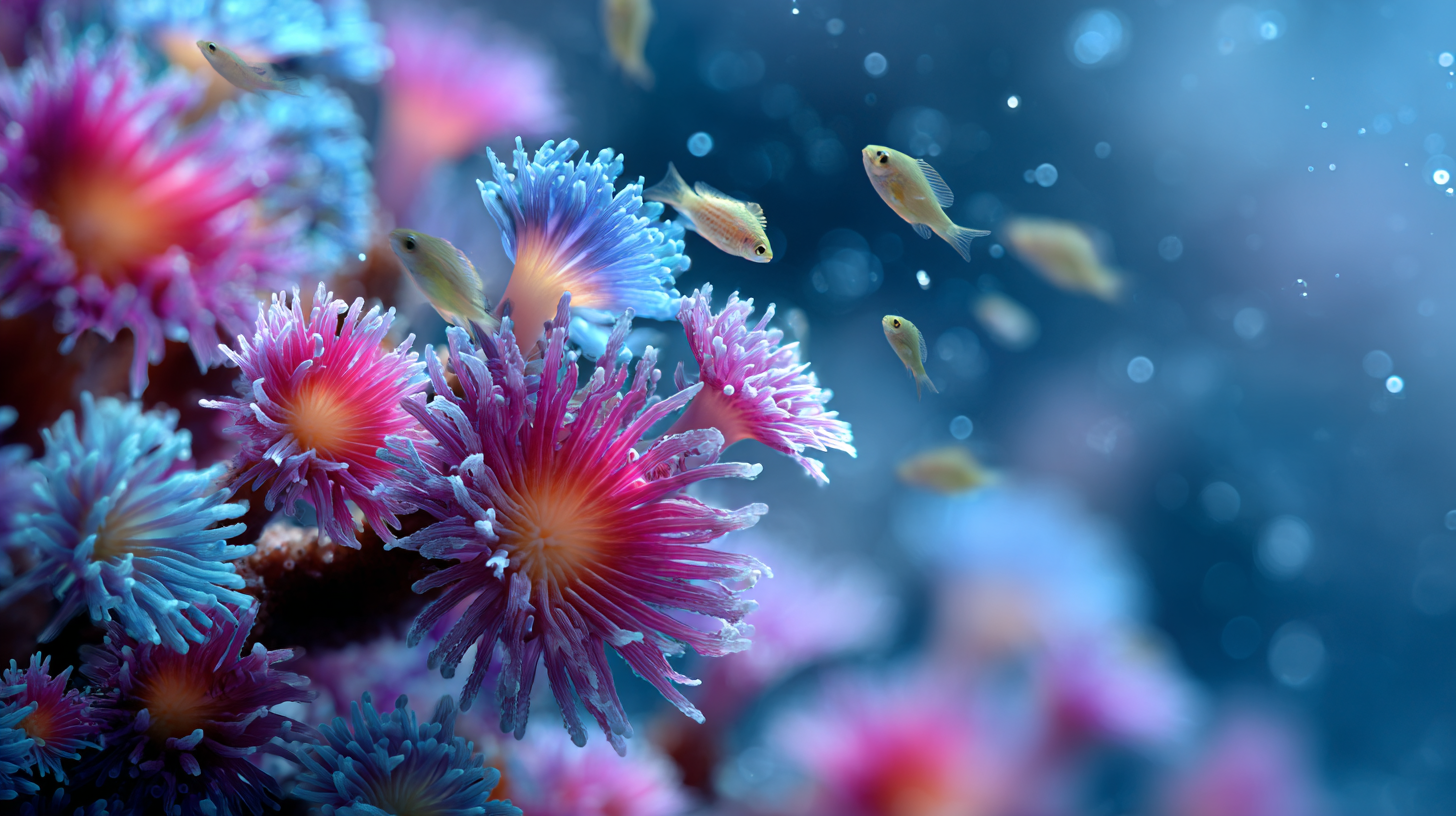 Close-up of coral polyps with reef fish.