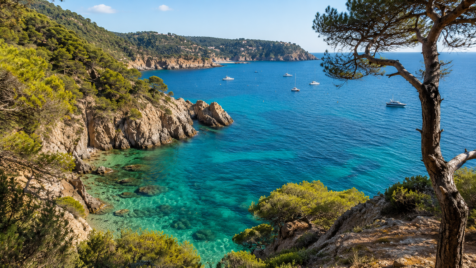 Turquoise cove and pine-covered cliffs on the Costa Brava coastline.