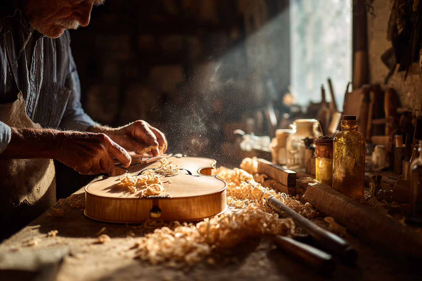A master luthier carving a violin in a traditional workshop in Cremona, the home of Stradivarius.