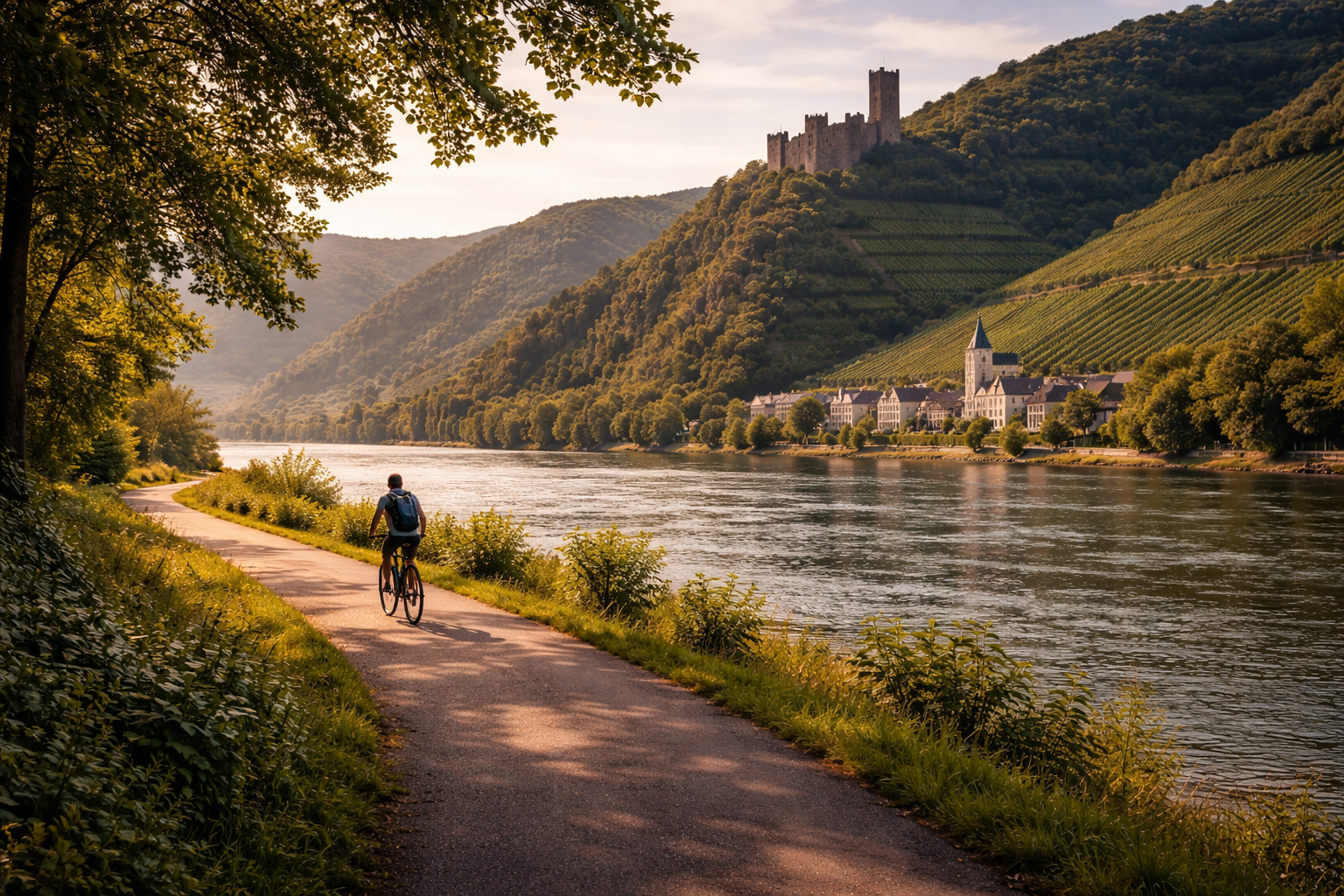 Scenic Rhine cycling route with river, vineyards, and hillside castle.