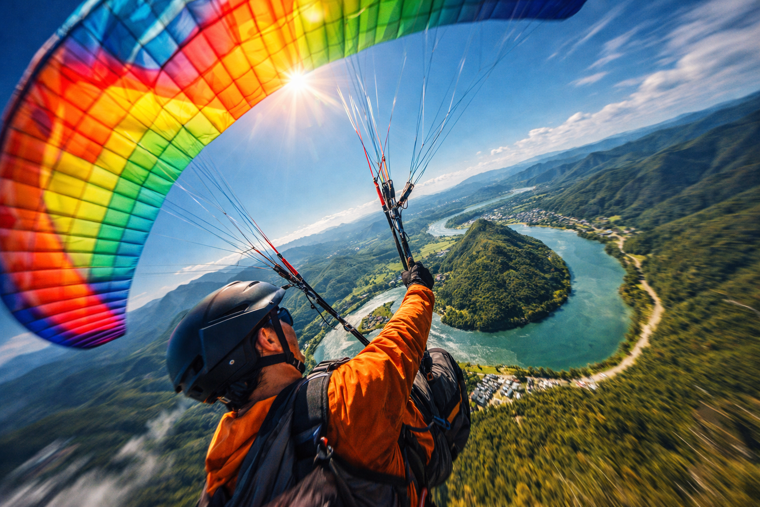 South Korea adventure guide feature: A colorful paraglider soaring above the winding river and green valleys of Danyang.