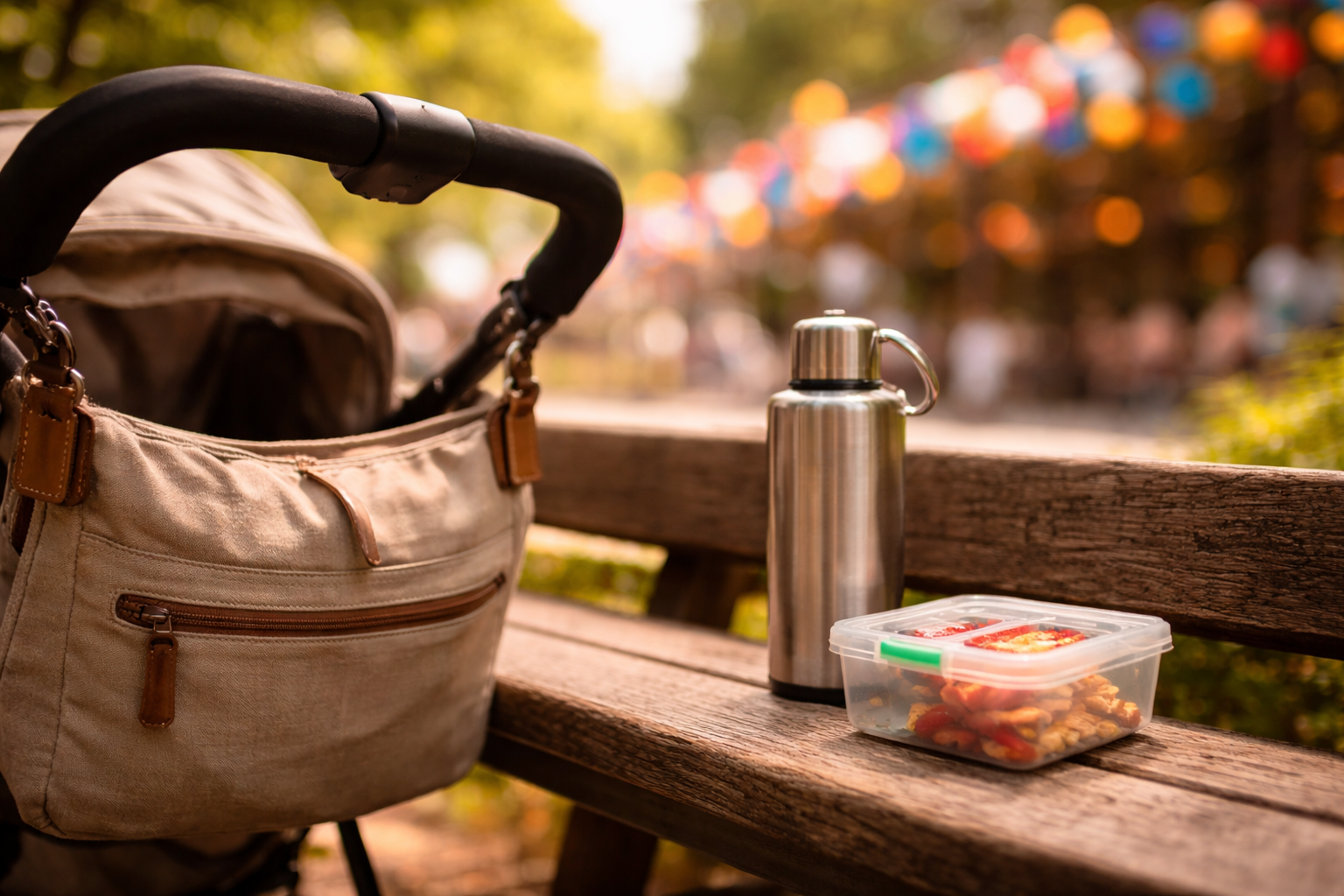 Midday break essentials near a theme park parade blur.