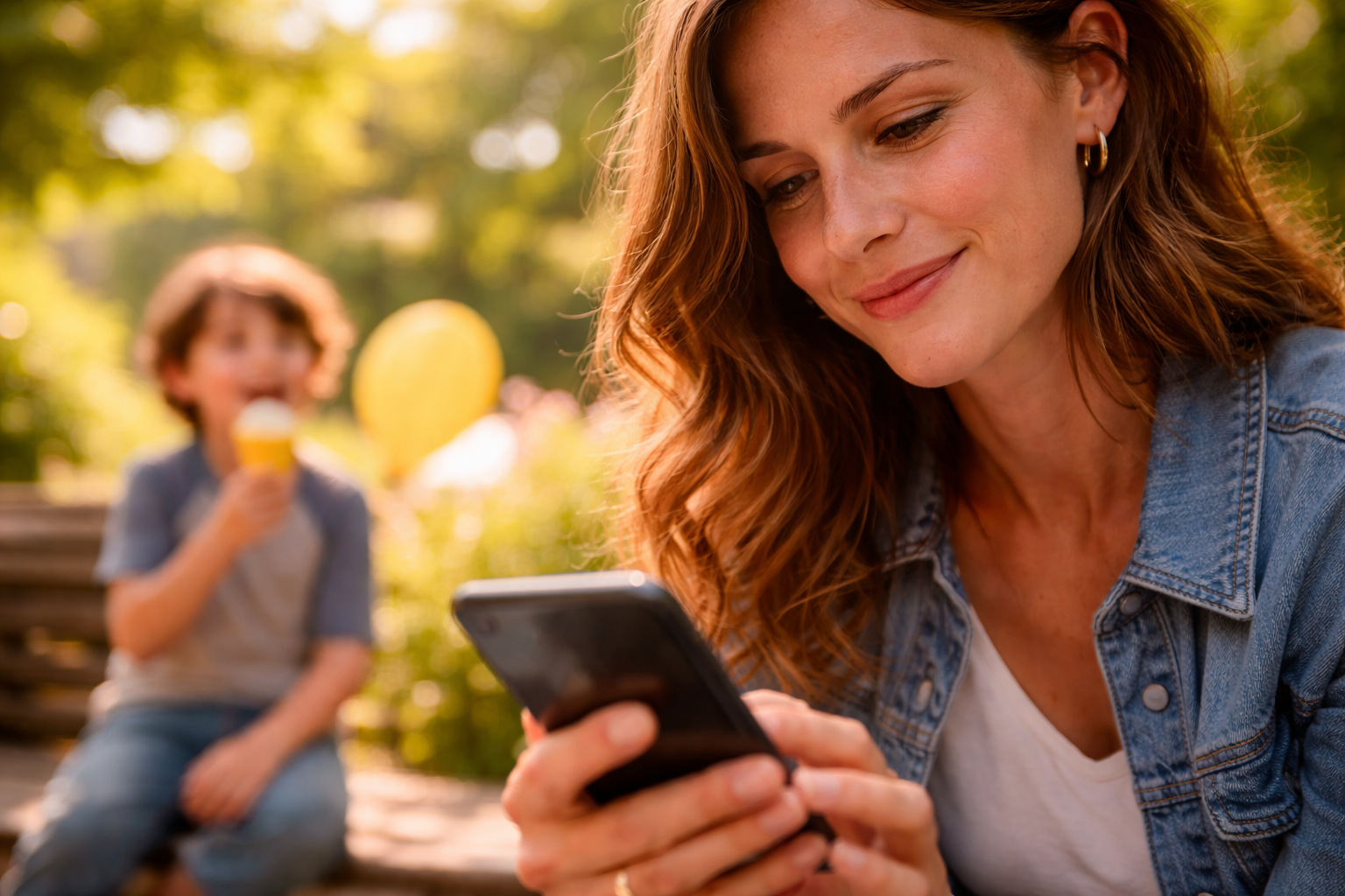 Calm planning moment at a theme park with parent and child in soft focus.