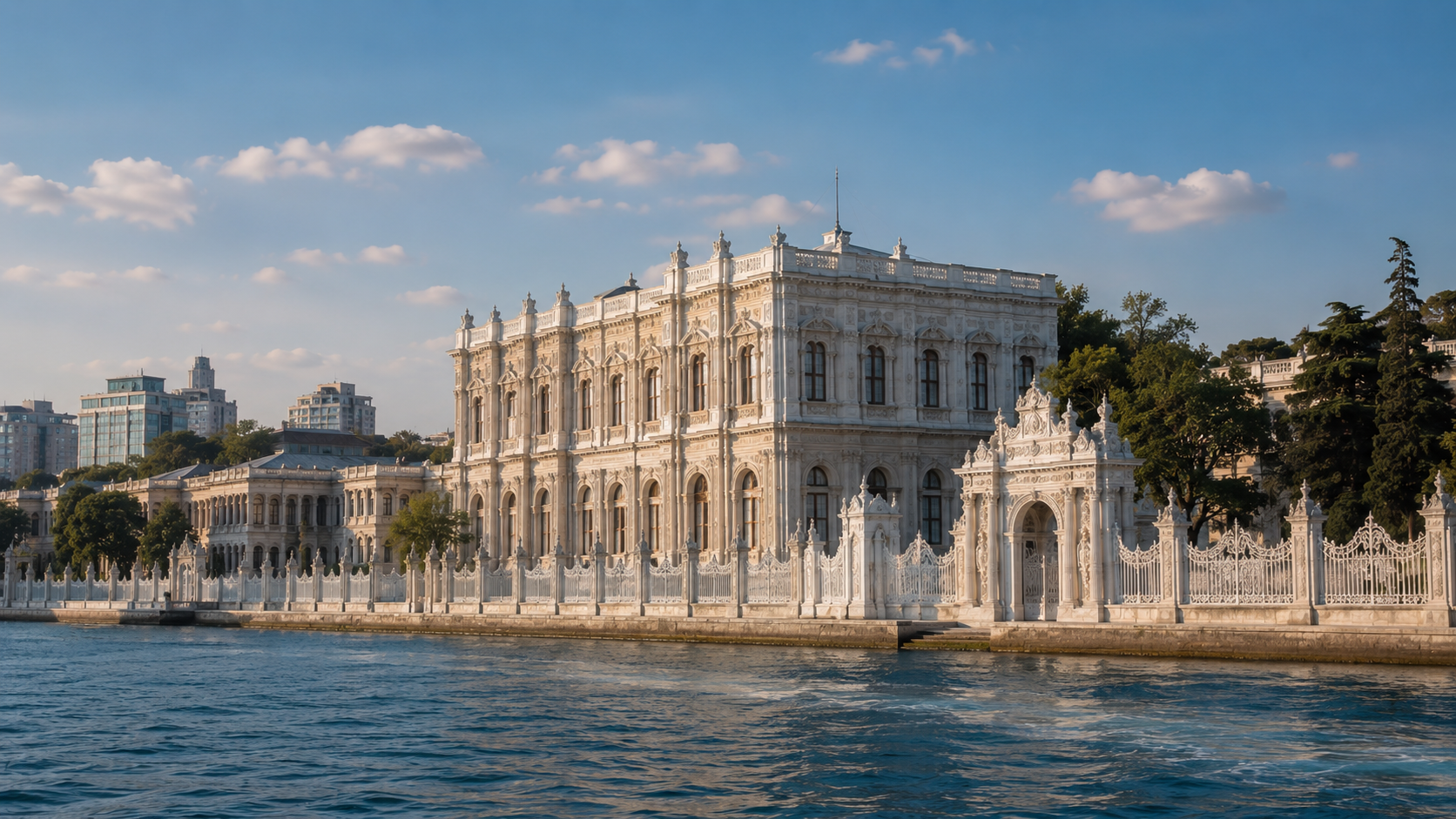 Dolmabahce Palace on the Bosphorus with white facade and waterfront gates