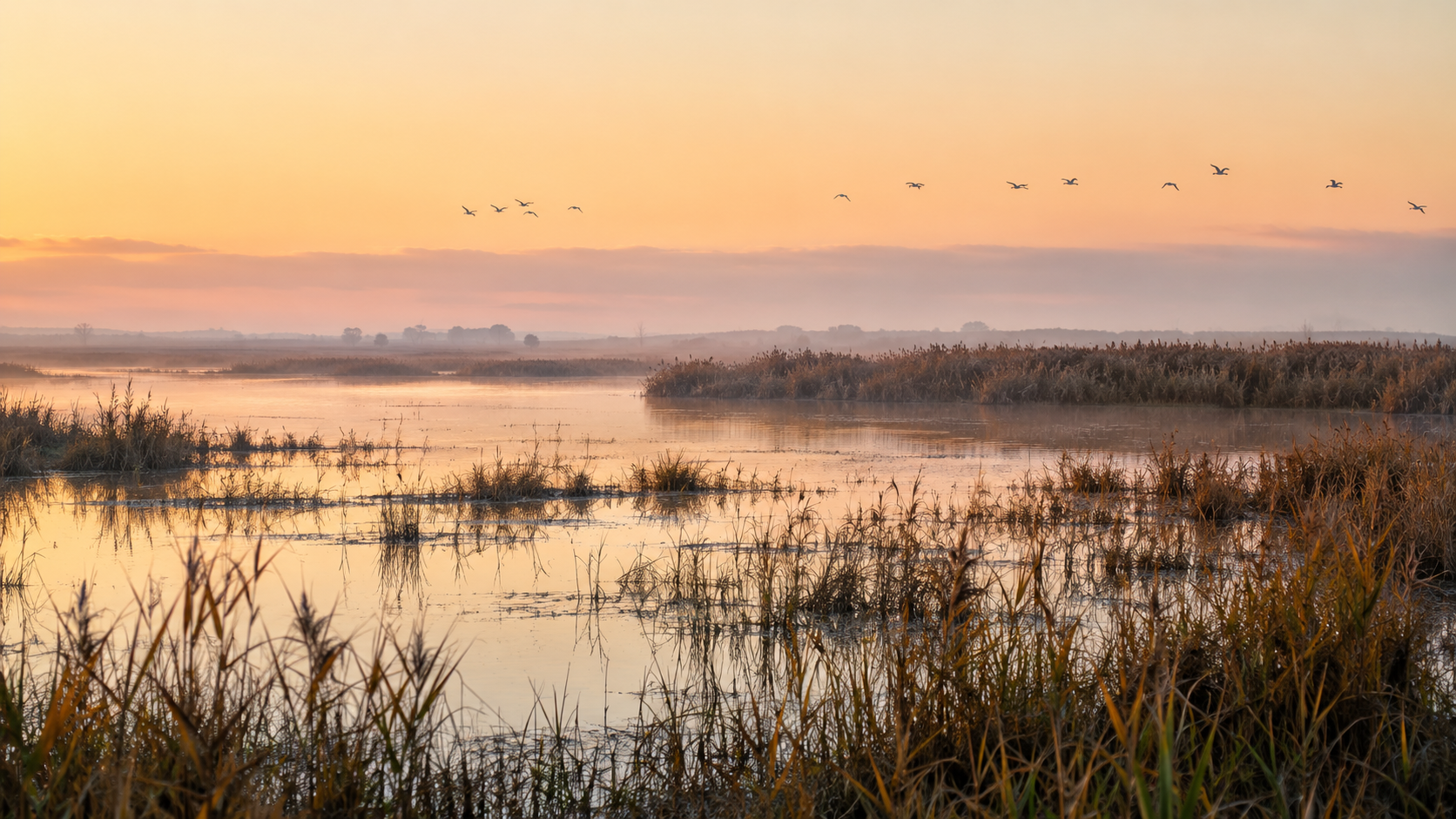Marshes and birds at dawn in Doñana National Park in Spain.