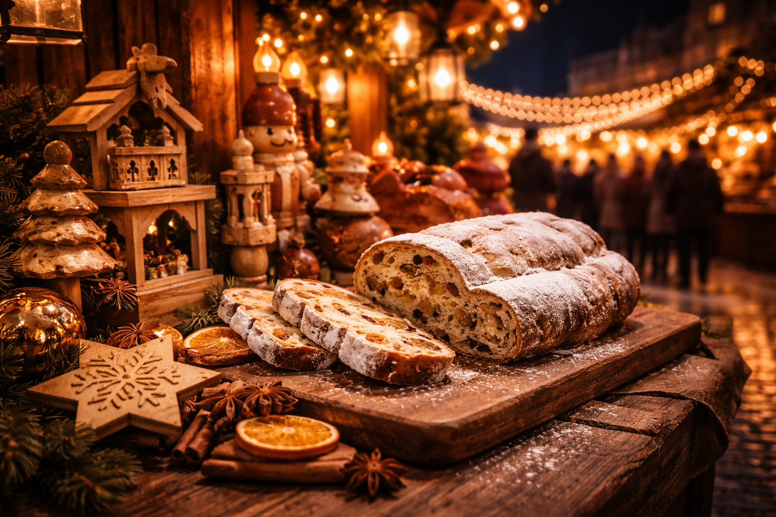Bavarian Christmas market scene with sweets and Gothic glow in Munich.