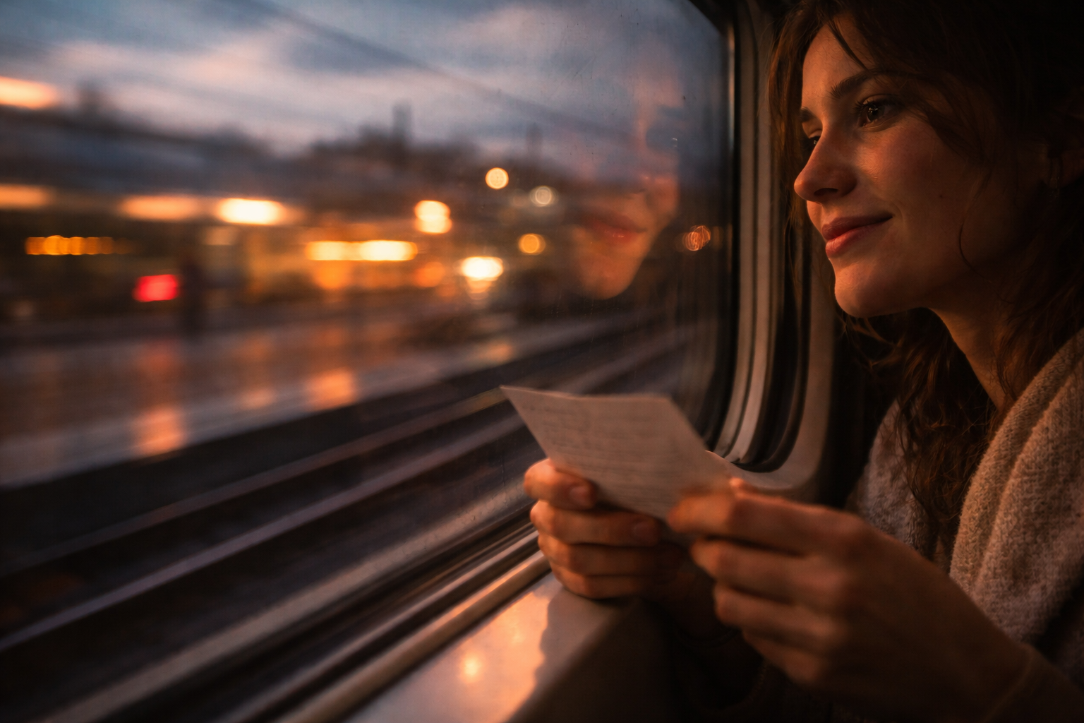 Train window close-up with city light streaks and a soft face reflection.