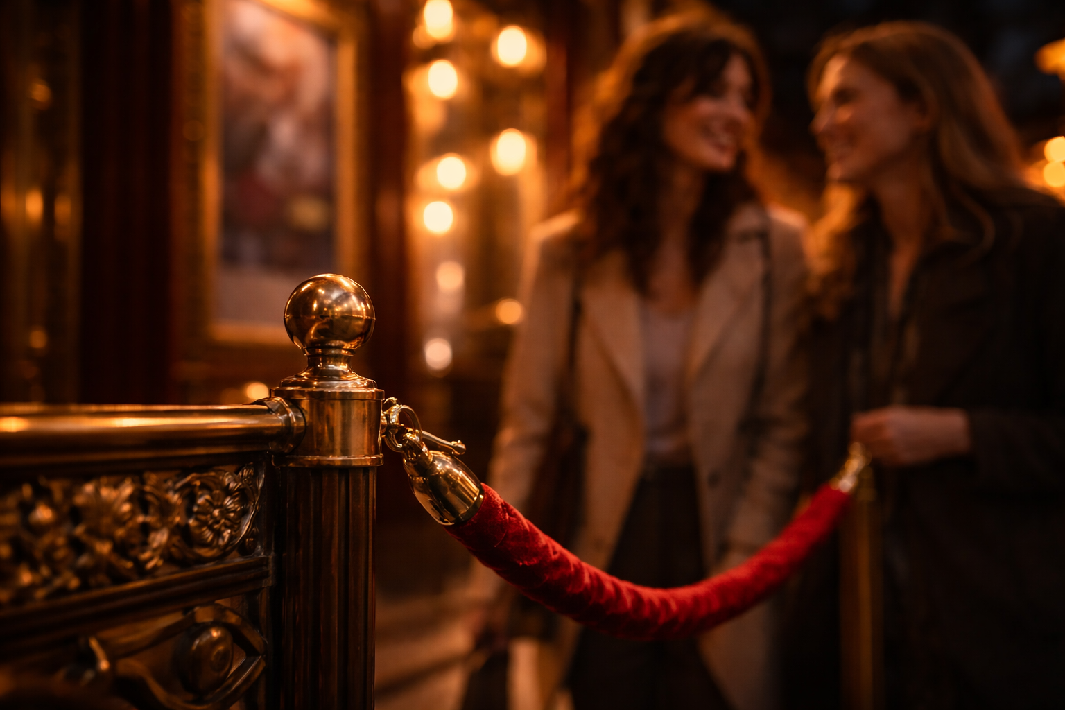 Warm theater-like Paris detail with friends blurred nearby.