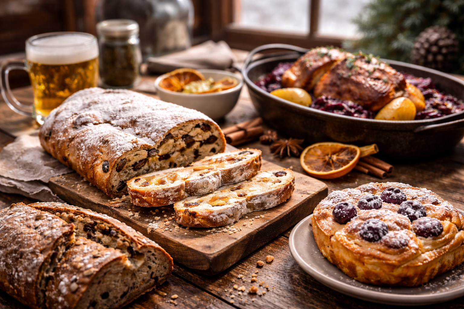 Rustic eastern German dishes and baked goods on a warmly lit table.