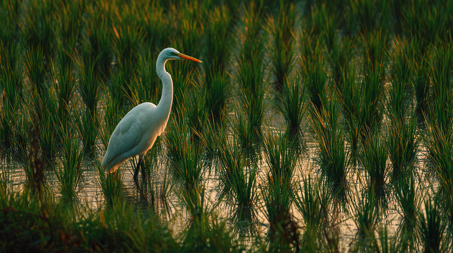 Close-up of egret in glowing rice field.