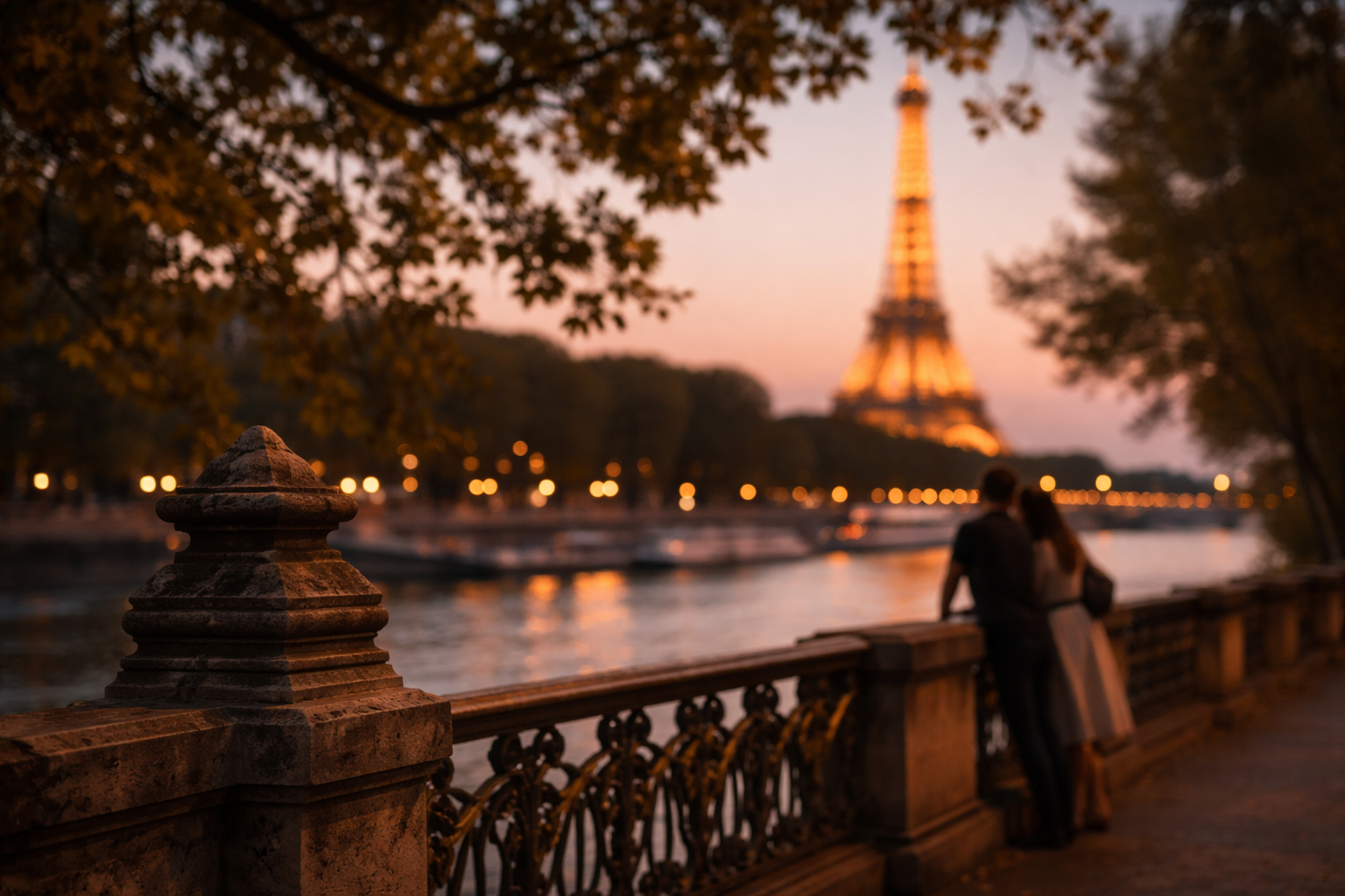 The Eiffel Tower glows softly beyond river railings and branches at twilight.