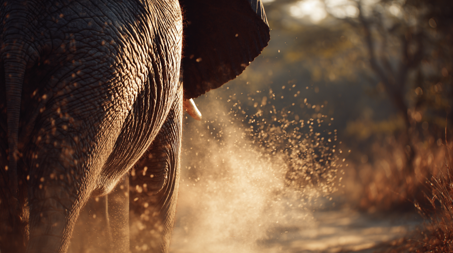 Close-up of elephant skin and tail in warm forest light.