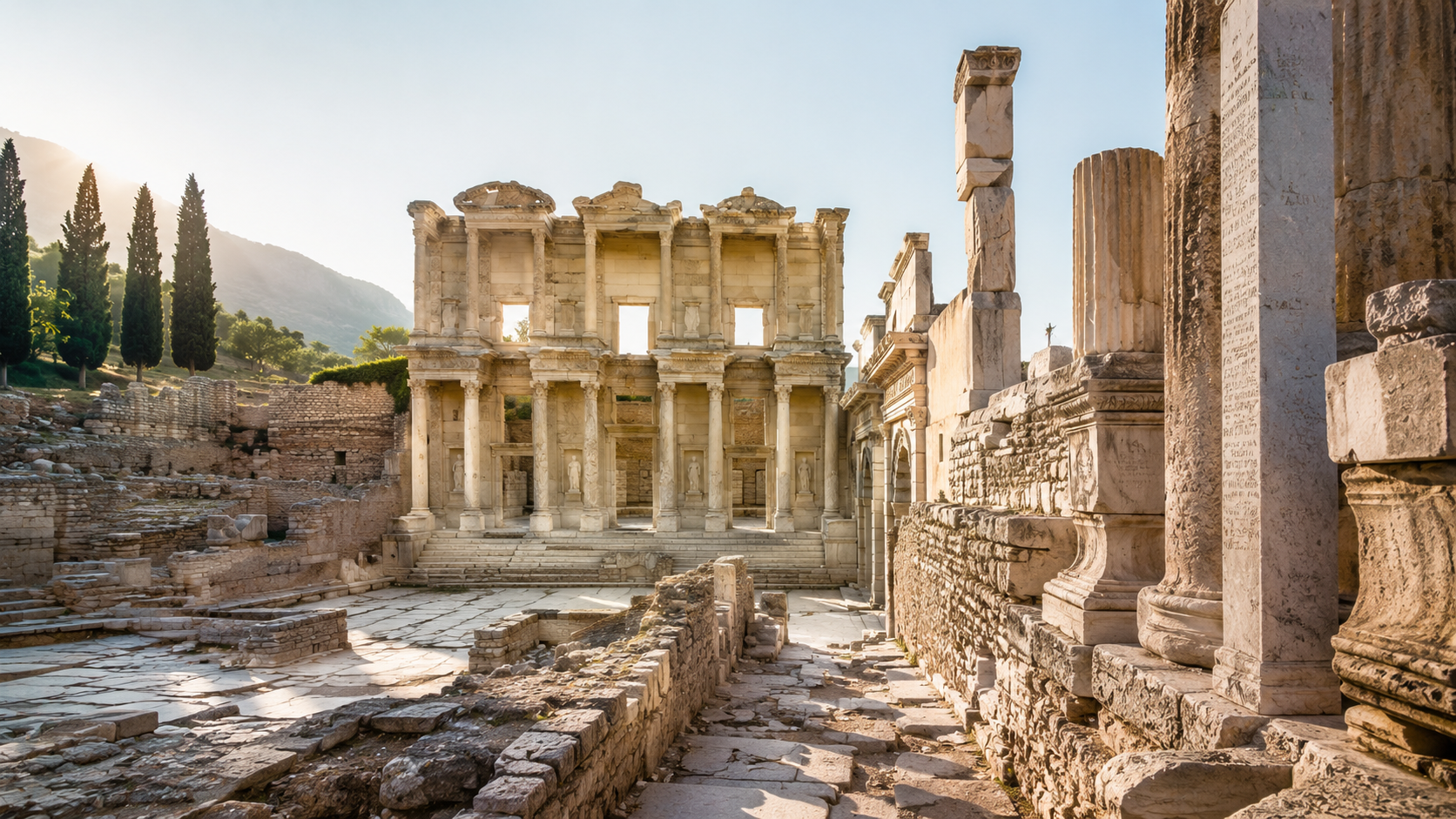 Library of Celsus in Ephesus with marble columns in soft morning light