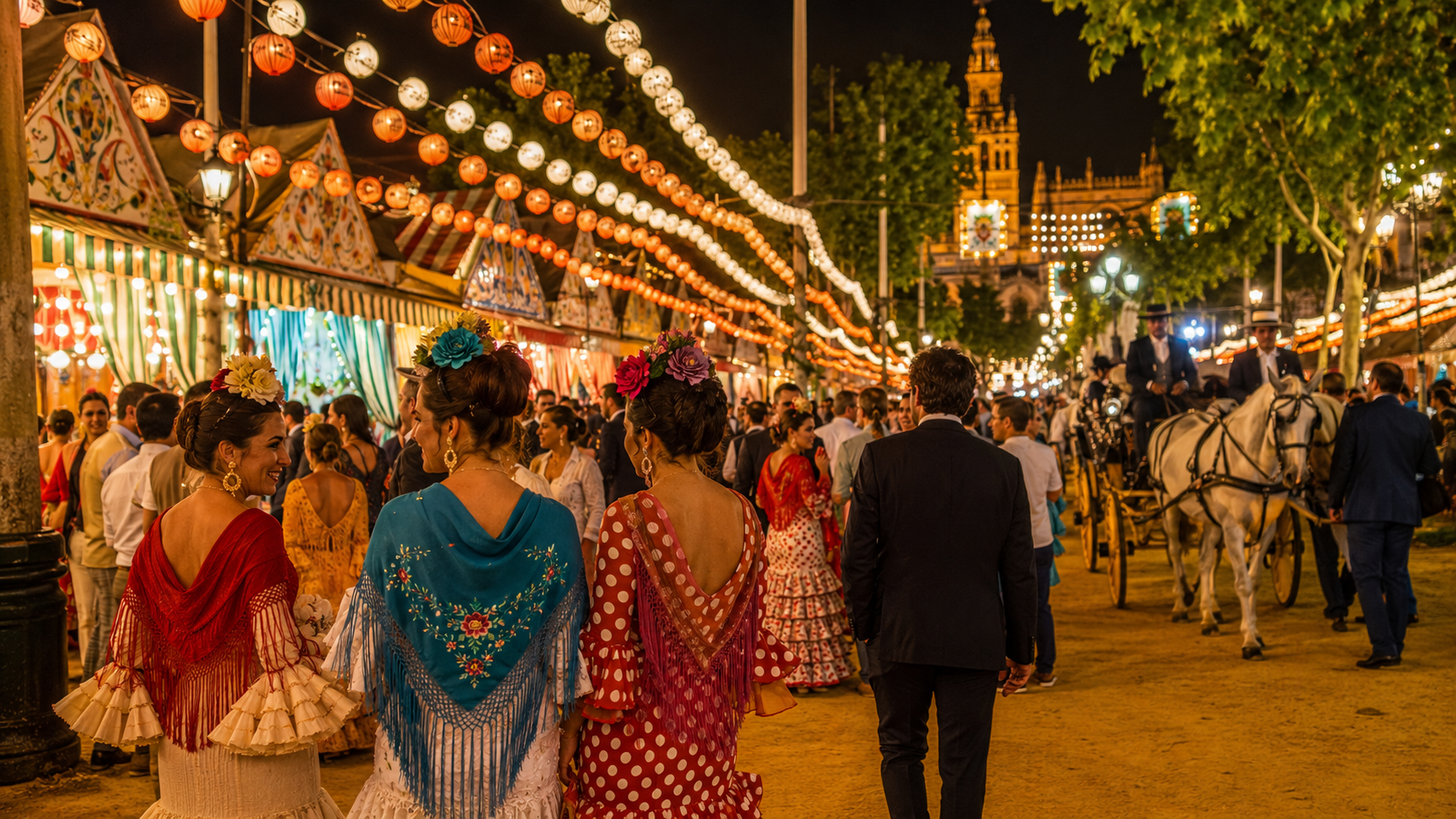 Colorful lanterns and people celebrating at Seville's Feria de Abril.