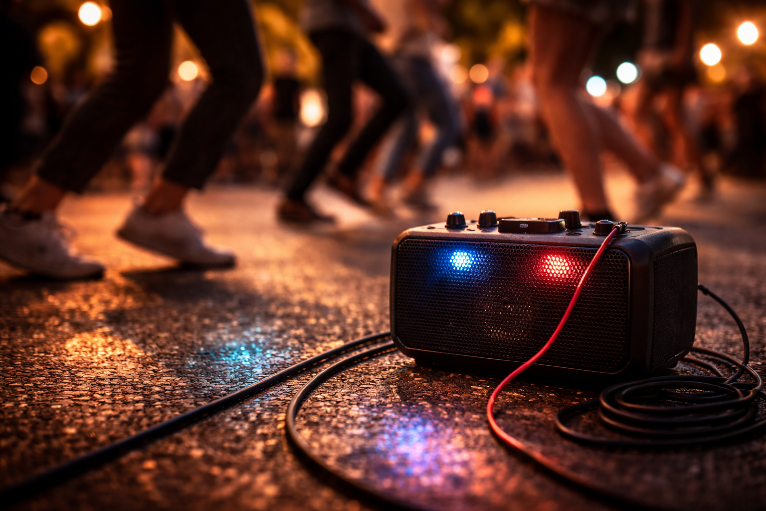 Street dance energy with speaker setup and motion blur.