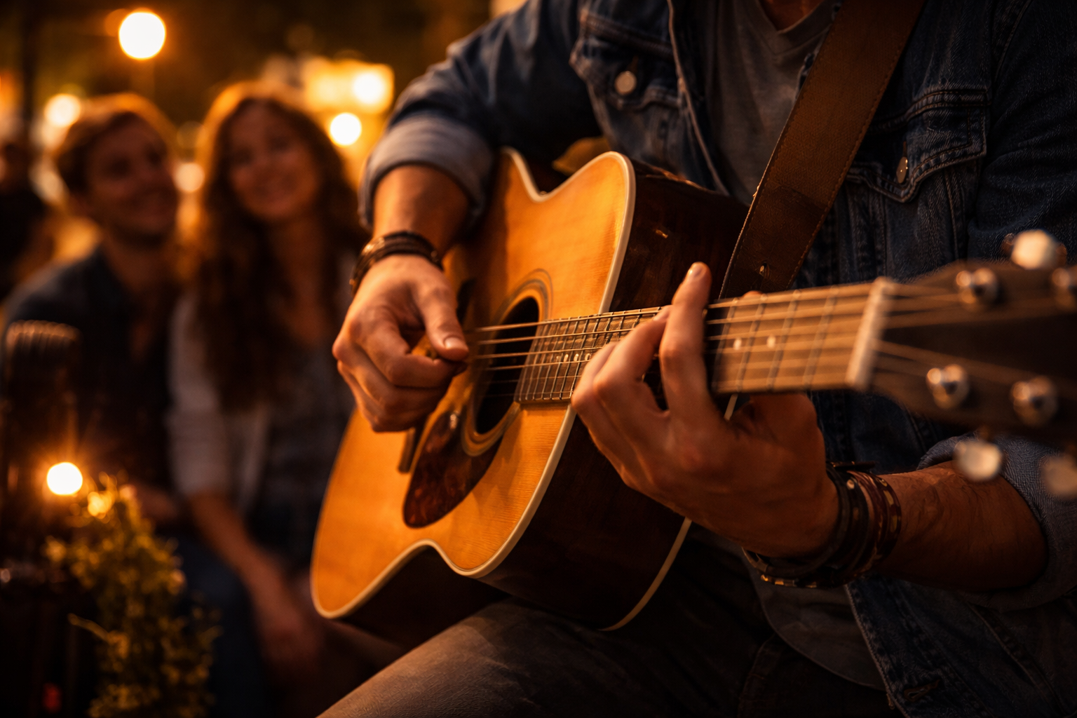 Close-up of street music with soft smiling faces in a night crowd.
