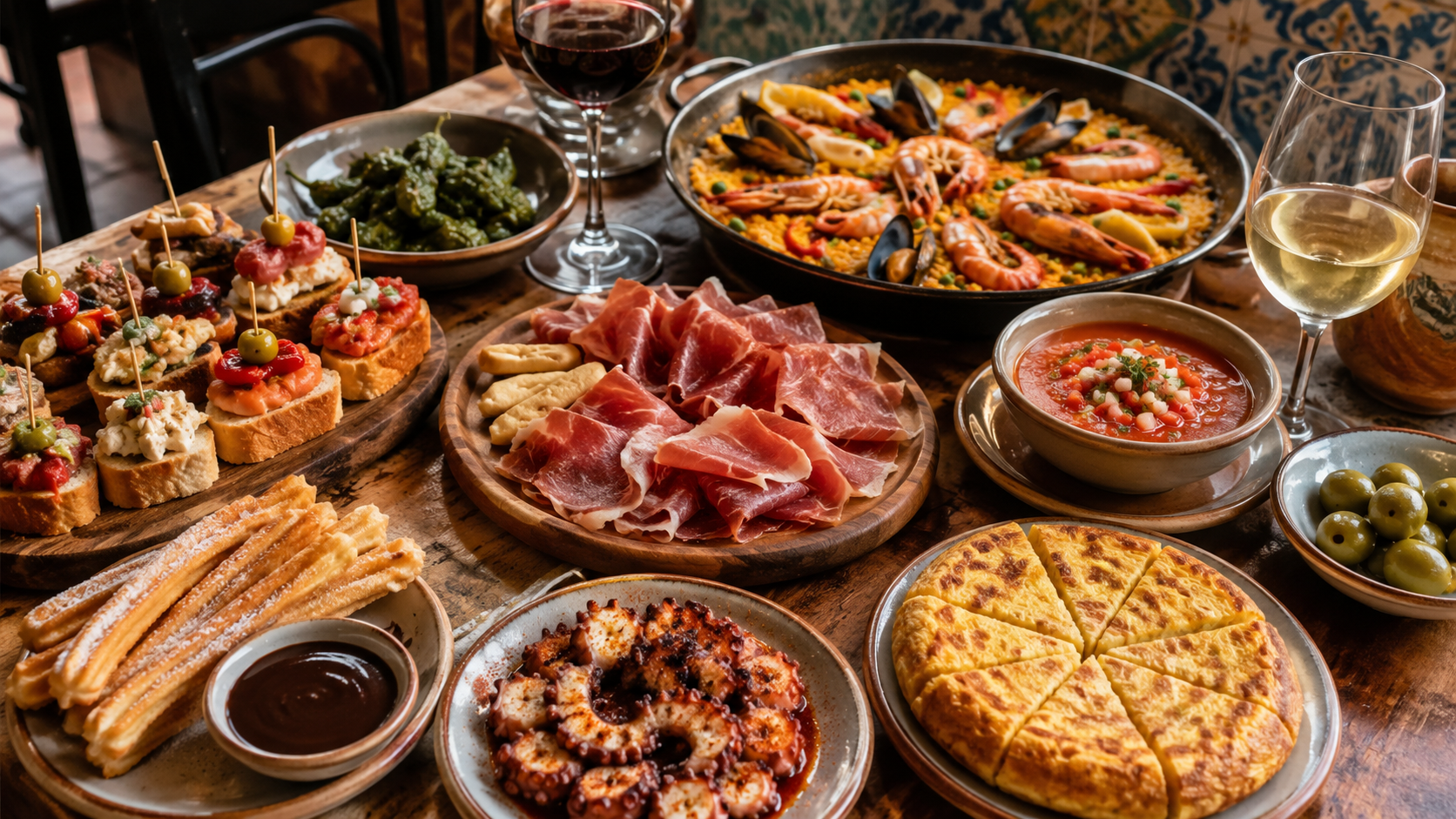 Must-try Spanish dishes for a first food trip including paella, tapas, pintxos, jamon, tortilla, gazpacho, octopus, and churros.
