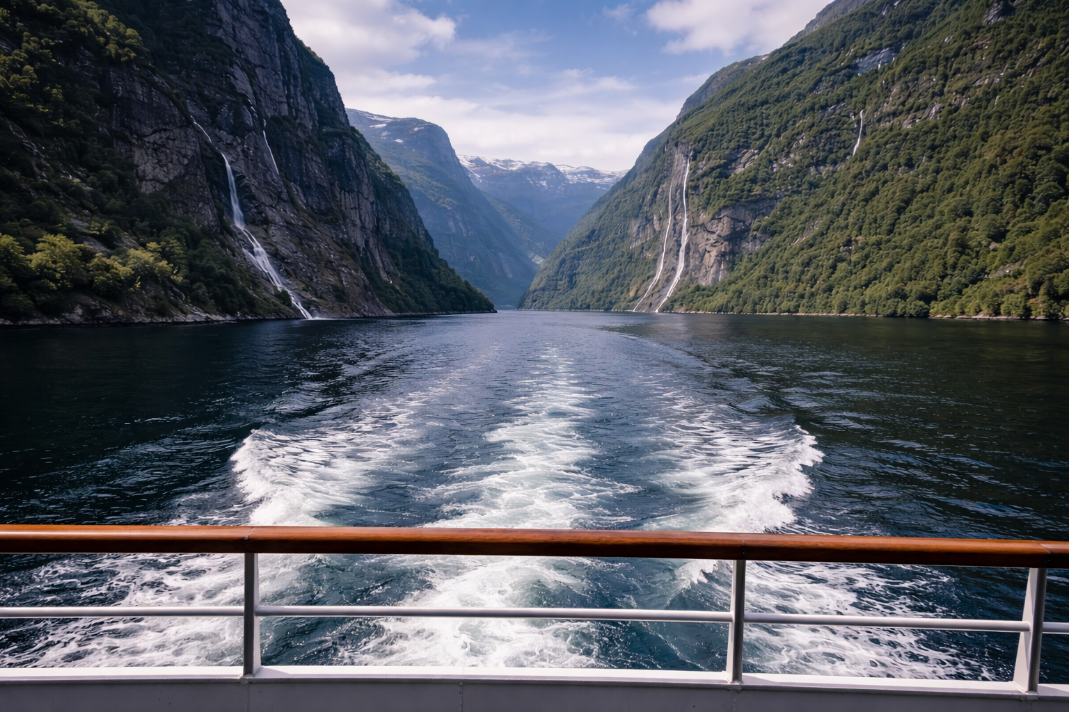 Norway fjords guide: View from a fjord cruise boat with cliffs and waterfalls unfolding ahead.