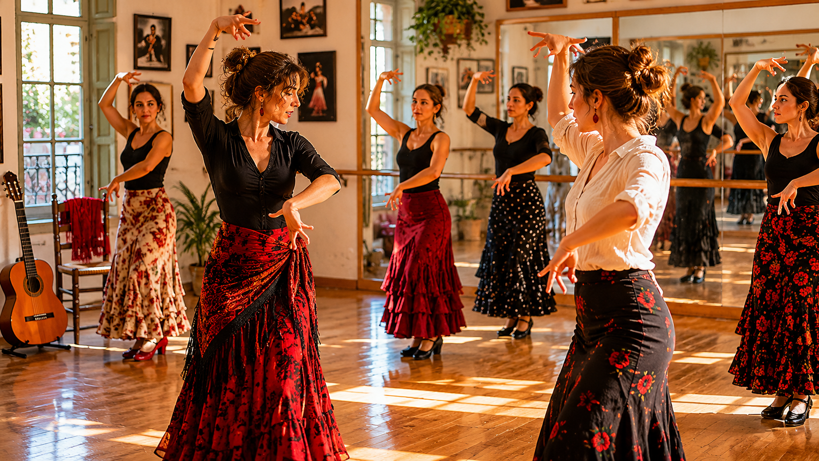 Traveler learning basic flamenco movements in a dance studio.