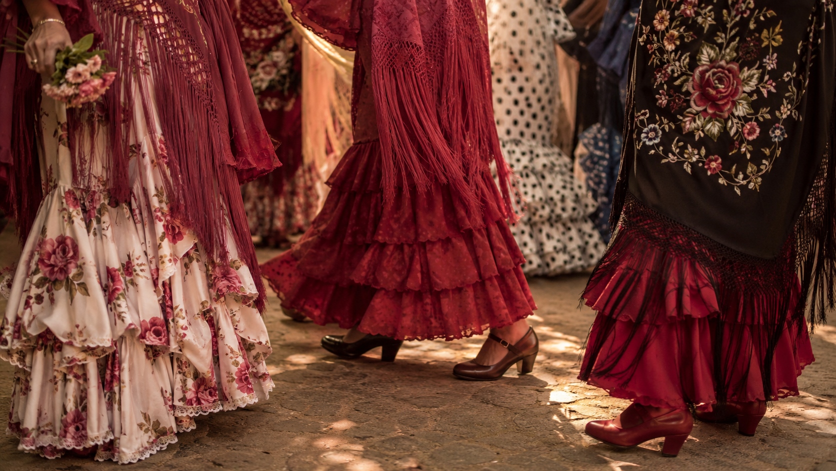 Flamenco dresses and Andalusian festival details at Feria de Abril.