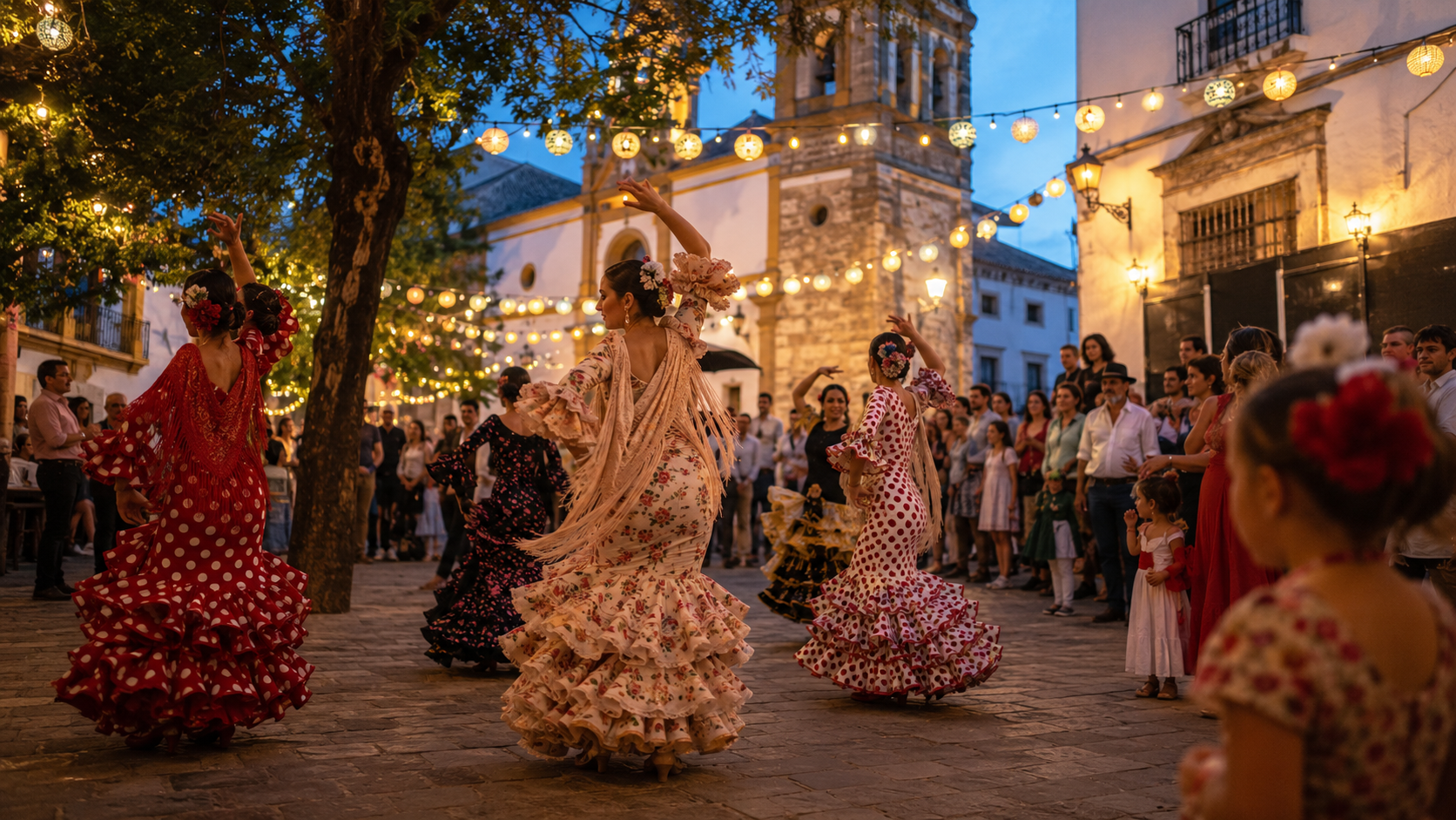 Flamenco dancers and locals celebrating at an Andalusian street festival.