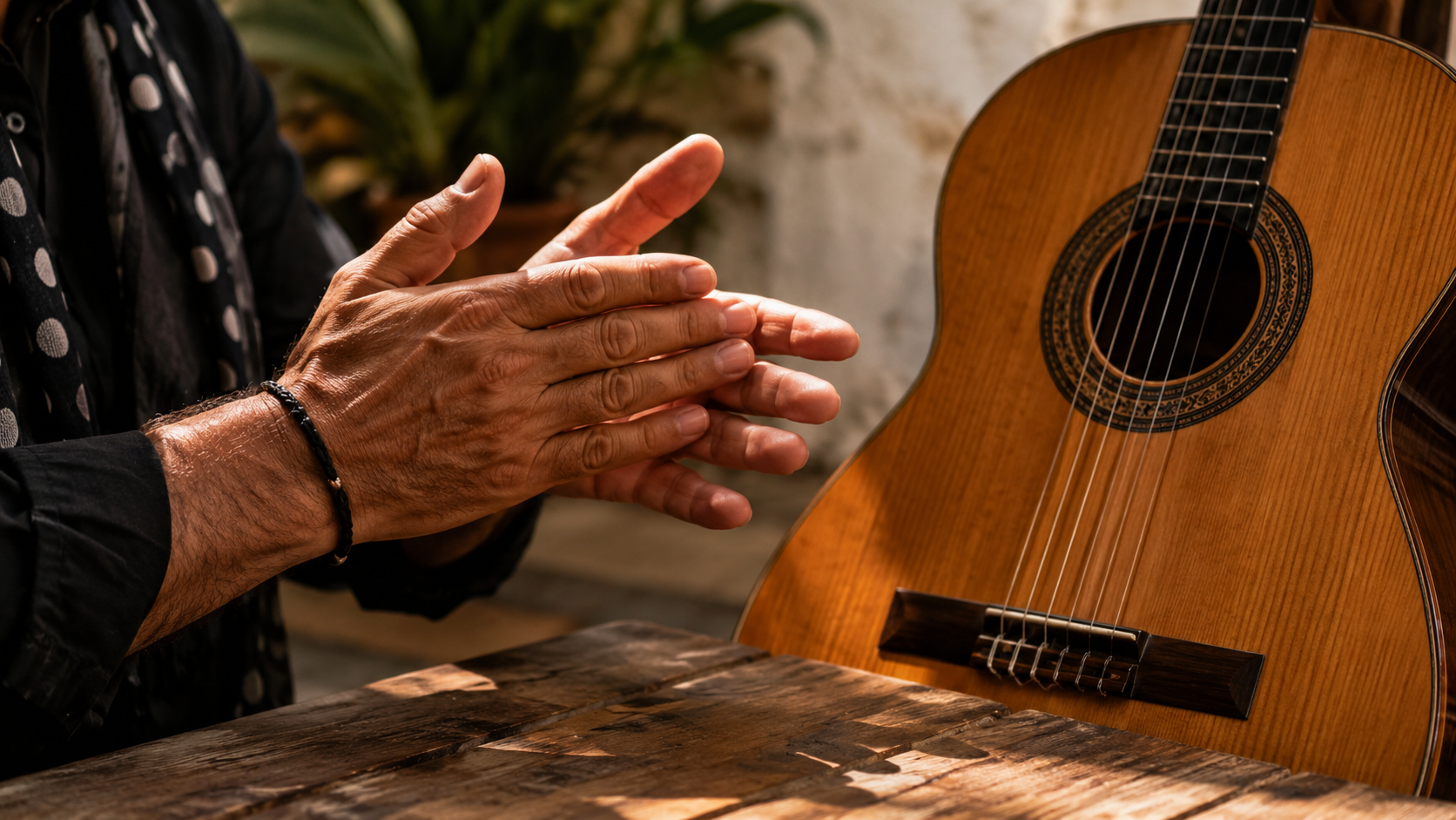 Hands clapping flamenco rhythm beside a Spanish guitar.