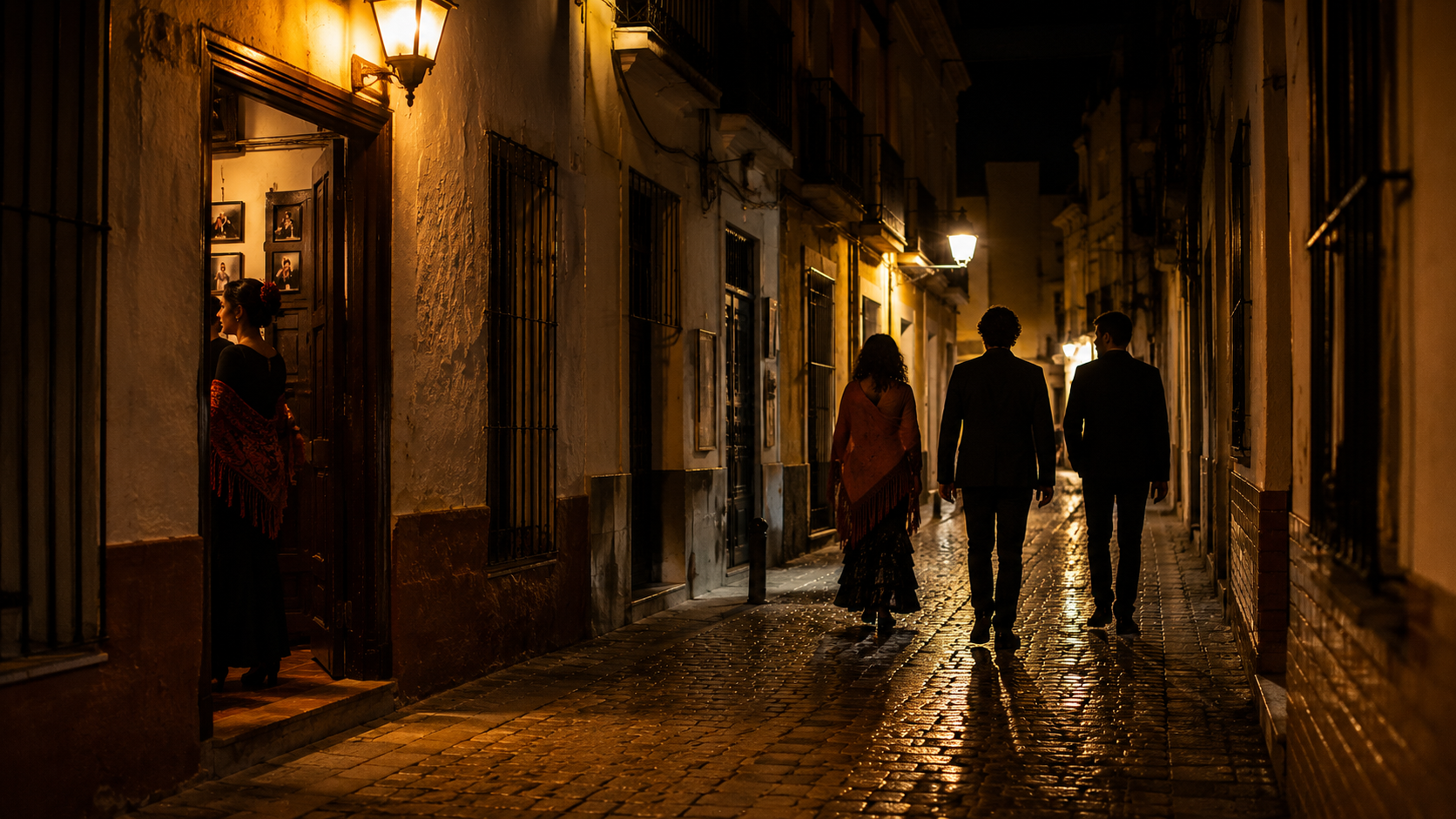 Andalusian night street after a flamenco show with warm venue light.