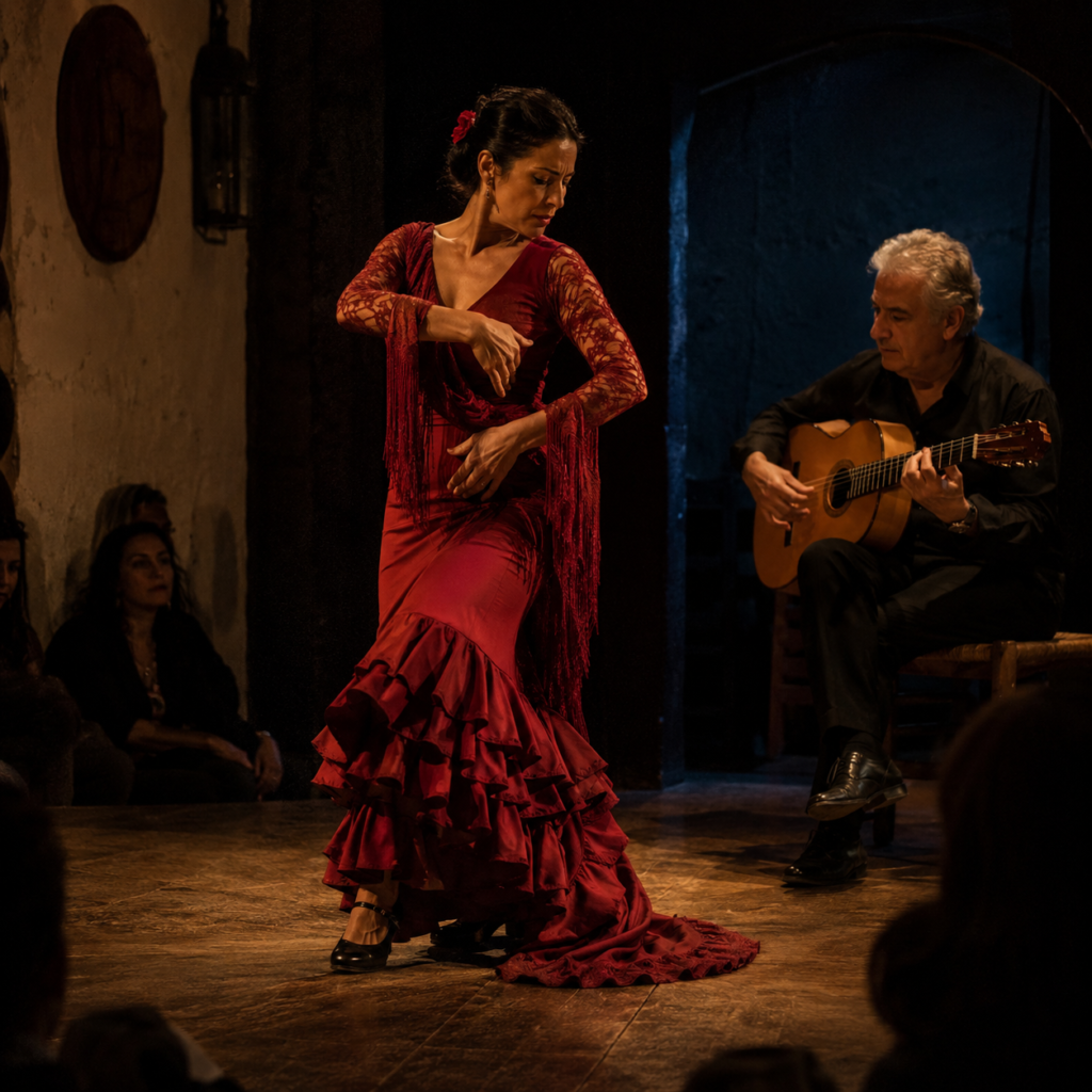 Flamenco dancer and guitarist performing on an intimate tablao stage in Spain.