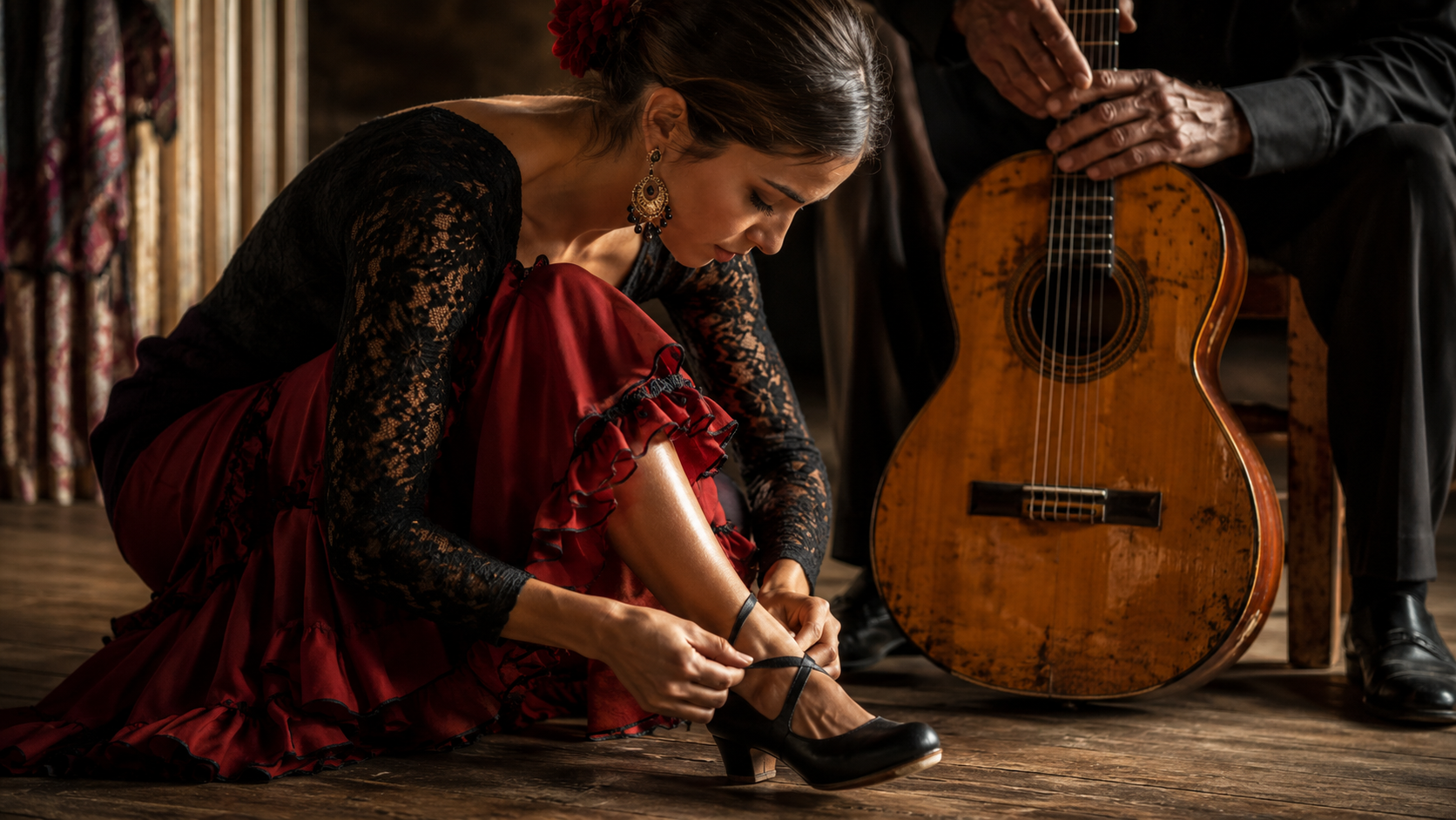 Young flamenco dancer preparing shoes beside an older guitarist’s instrument.