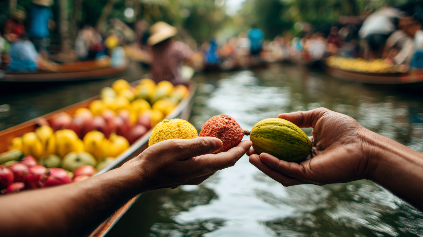 Close-up of hands exchanging fruit at a Thai floating market.