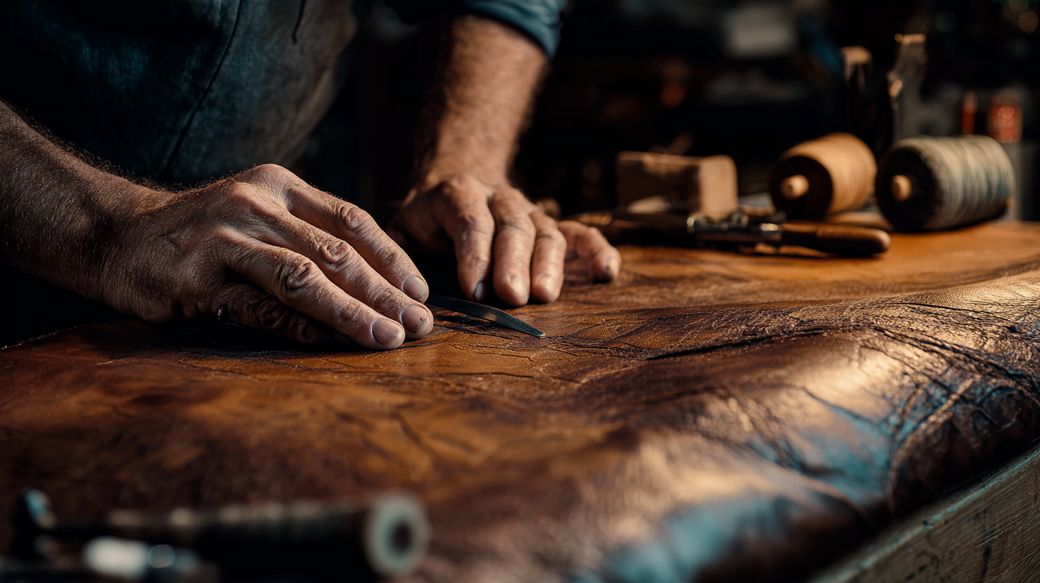 Close-up of hands inspecting Florentine leather grain.